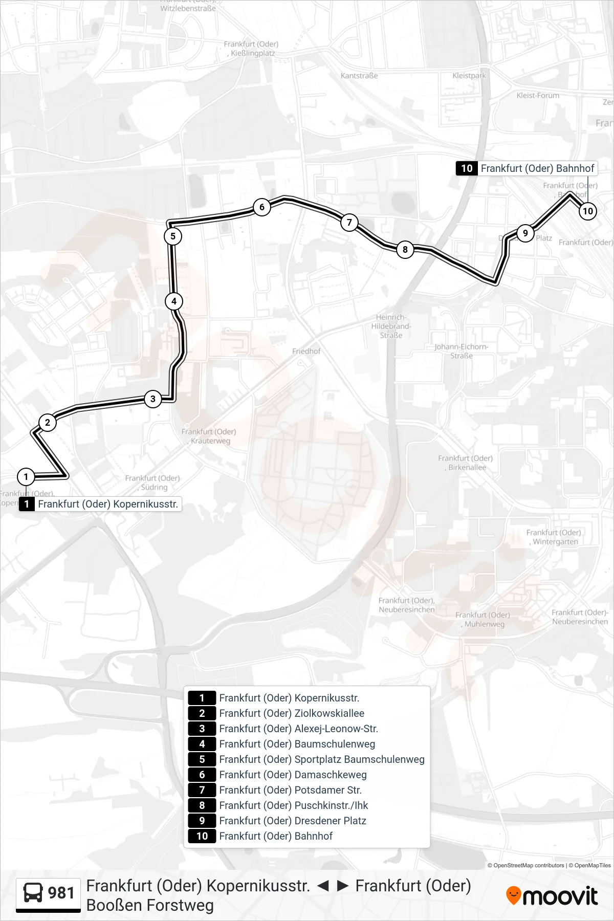 Linie 981 (Bus) Richtung Frankfurt (Oder) Bahnhof: Route und Haltestellen auf der Karte