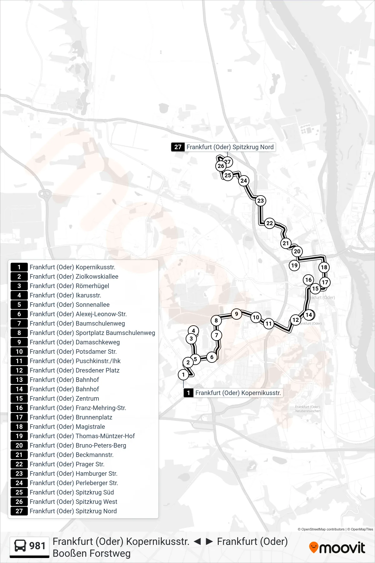Linie 981 (Bus) Richtung Frankfurt (Oder) Spitzkrug Nord: Route und Haltestellen auf der Karte