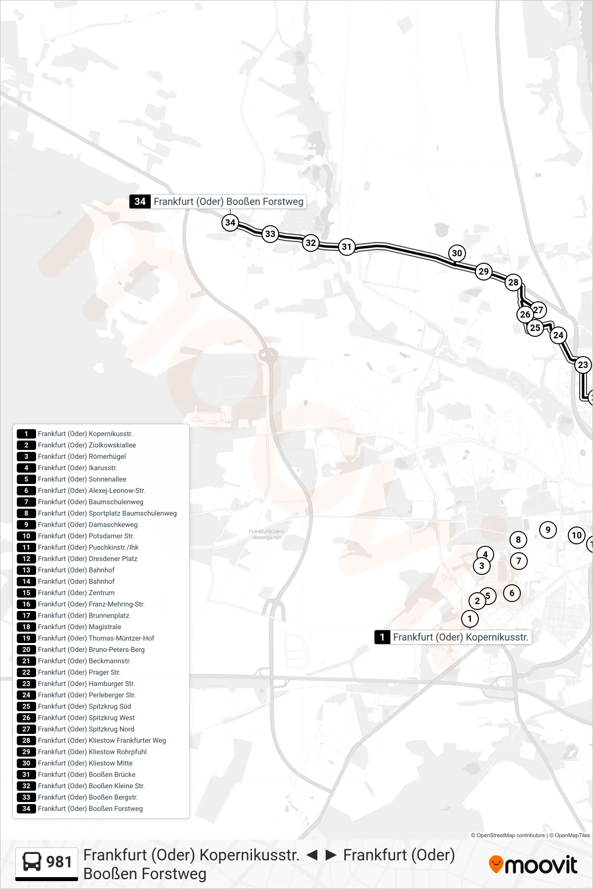 981 bus Line (Frankfurt (Oder) Booßen Forstweg) route and stops on a map