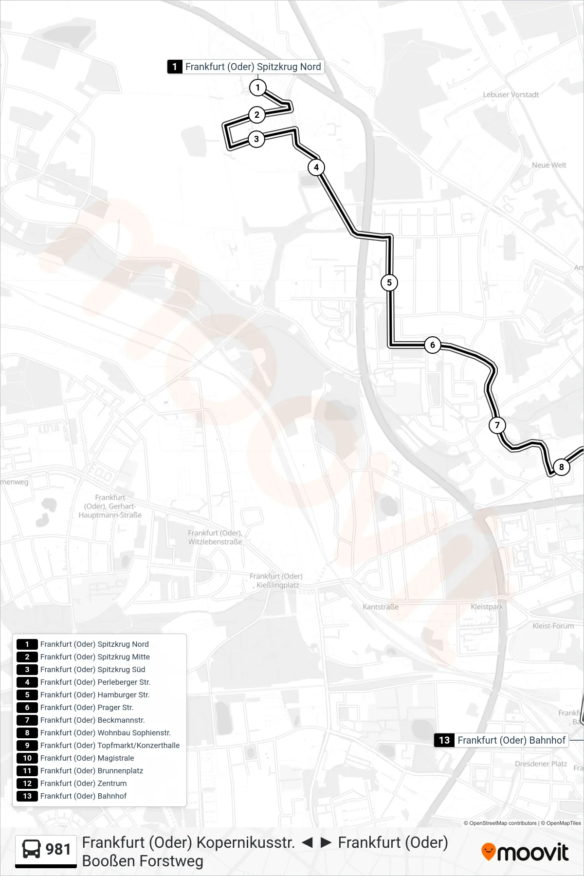 981 bus Line (Frankfurt (Oder) Bahnhof) route and stops on a map