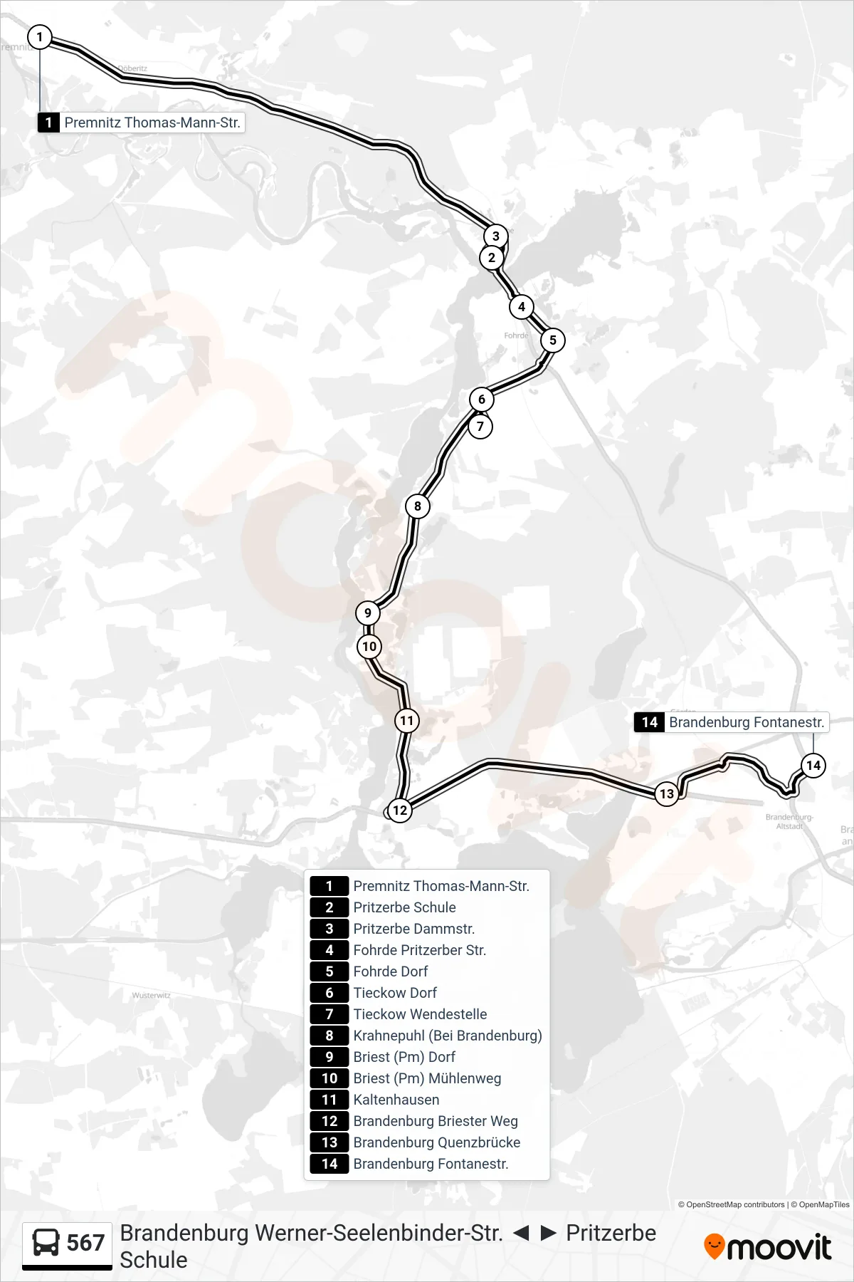 Linie 567 (Bus) Richtung Brandenburg Fontanestr.: Route und Haltestellen auf der Karte