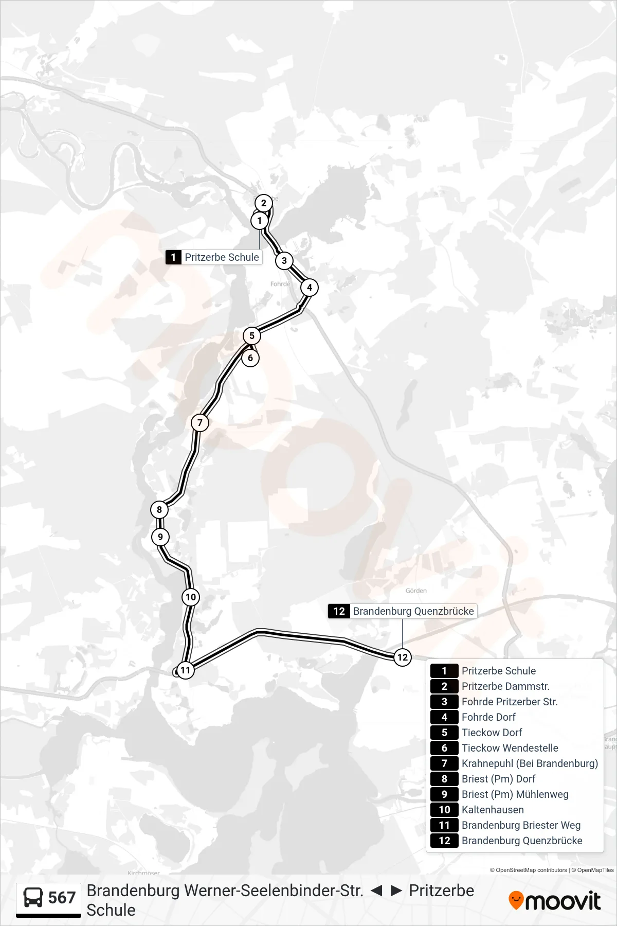 Linie 567 (Bus) Richtung Brandenburg Quenzbrücke: Route und Haltestellen auf der Karte