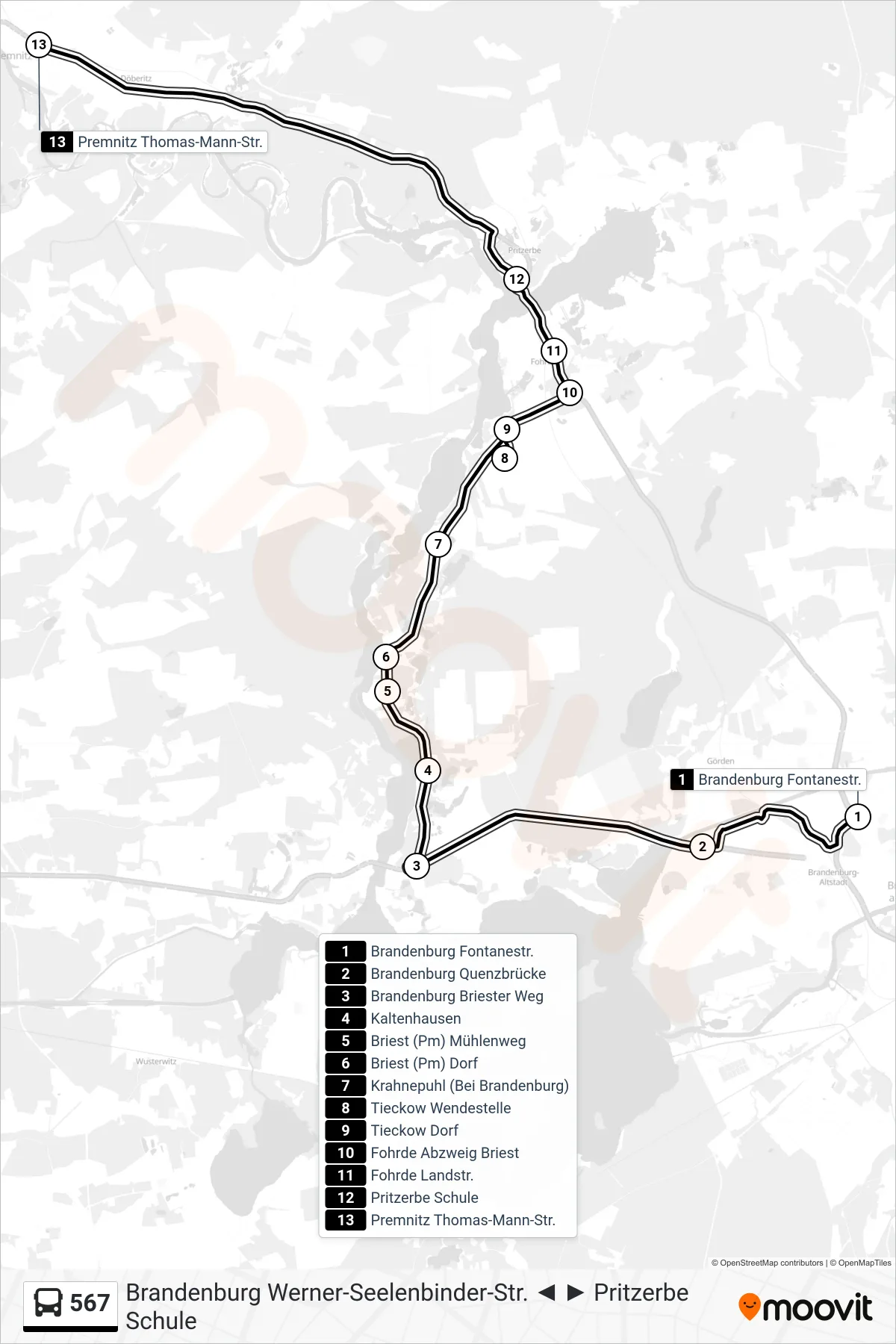 Linie 567 (Bus) Richtung Premnitz Thomas-Mann-Str.: Route und Haltestellen auf der Karte