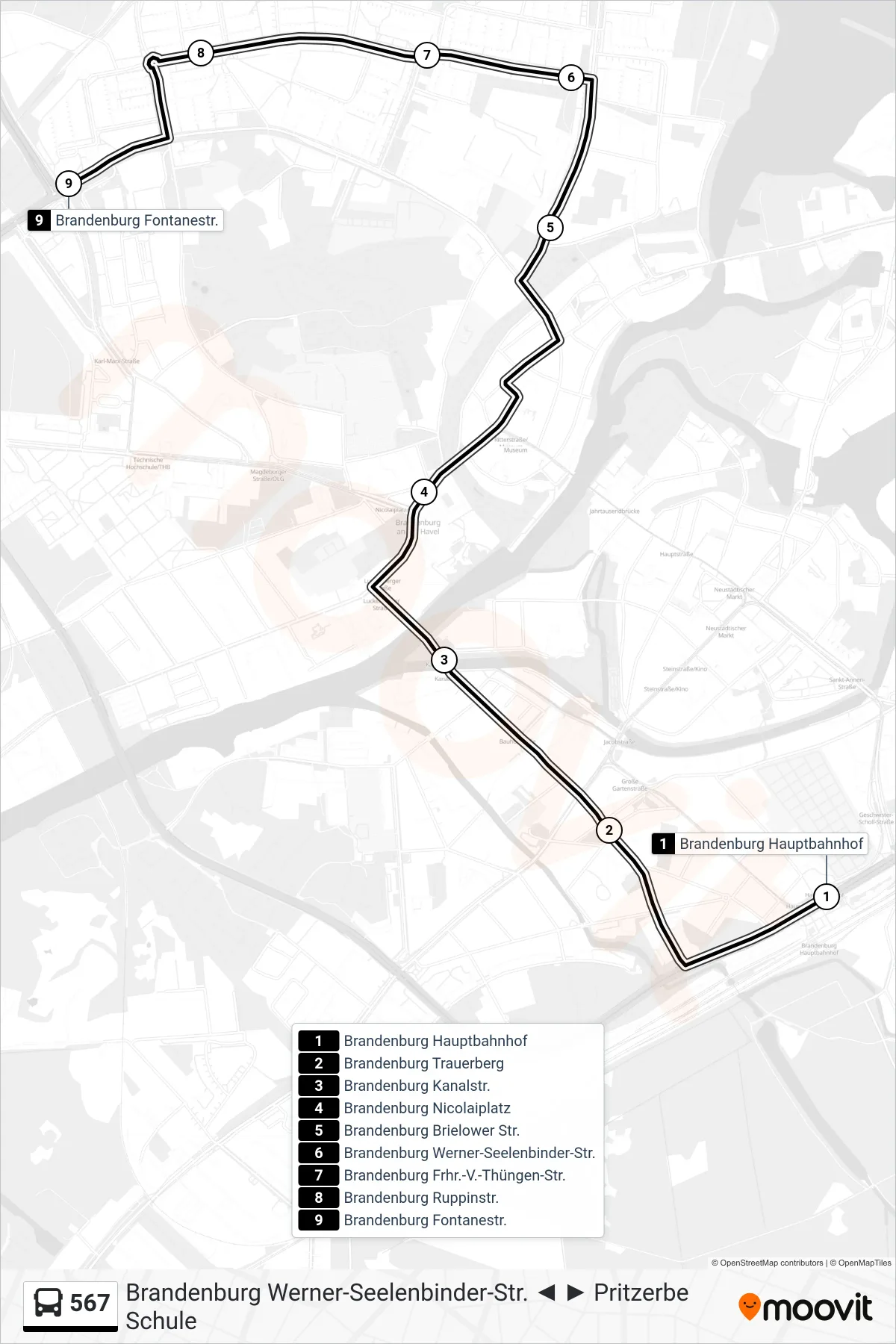 Linie 567 (Bus) Richtung Brandenburg Fontanestr.: Route und Haltestellen auf der Karte