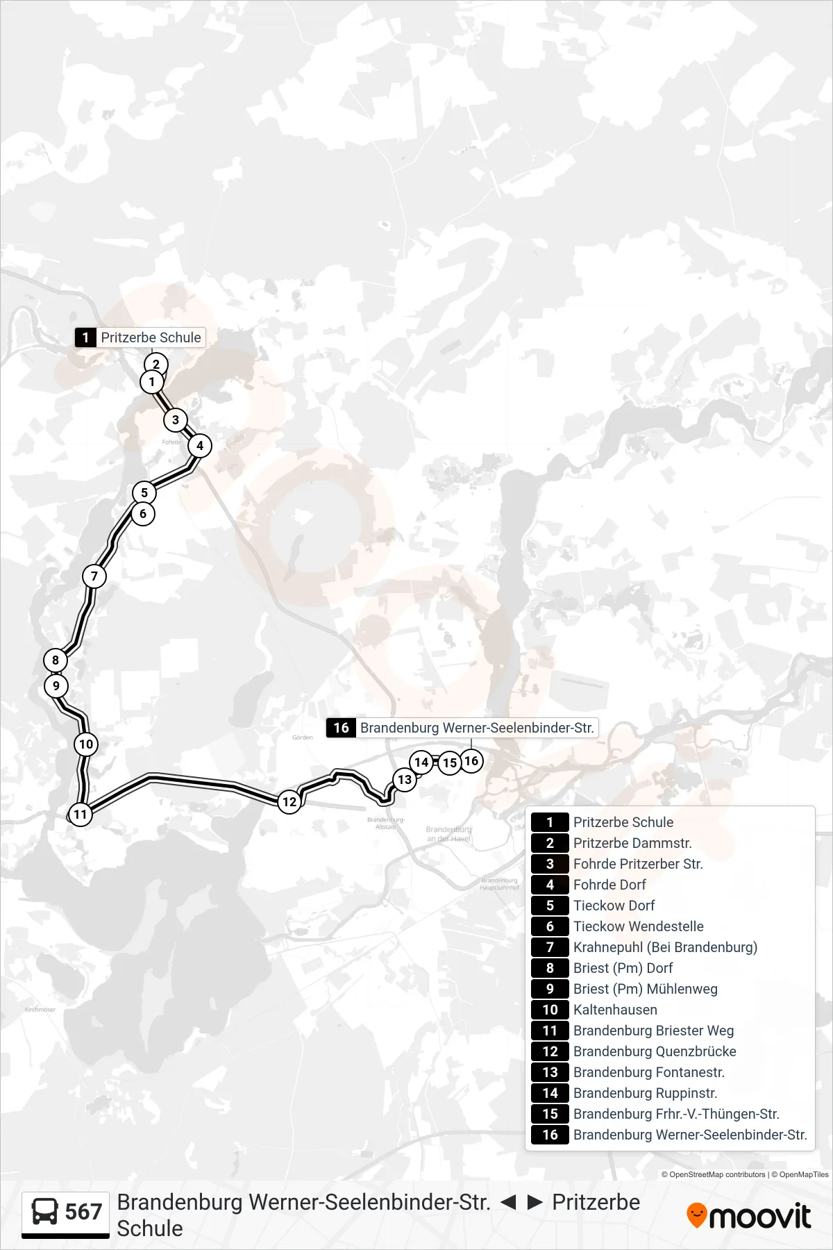 Linie 567 (Bus) Richtung Brandenburg Werner-Seelenbinder-Str.: Route und Haltestellen auf der Karte
