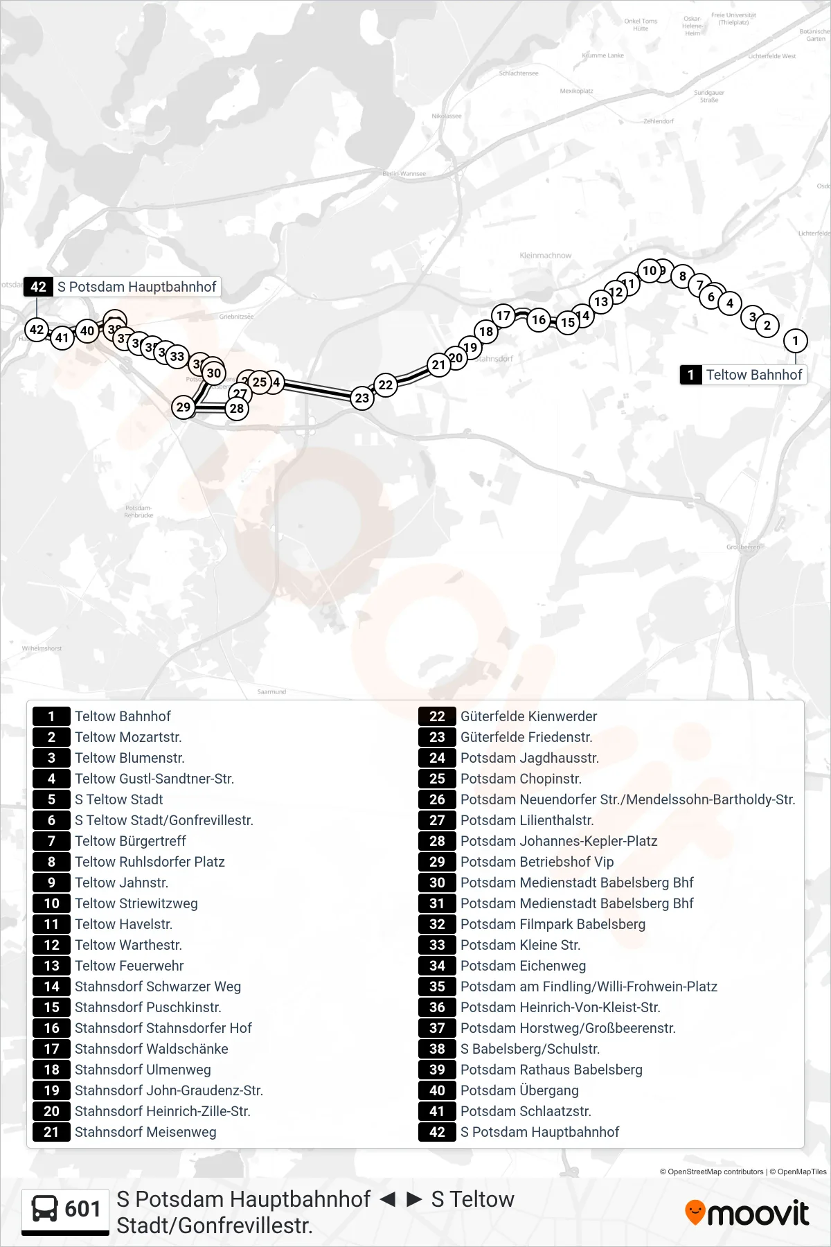 Linie 601 (Bus) Richtung S Potsdam Hauptbahnhof: Route und Haltestellen auf der Karte
