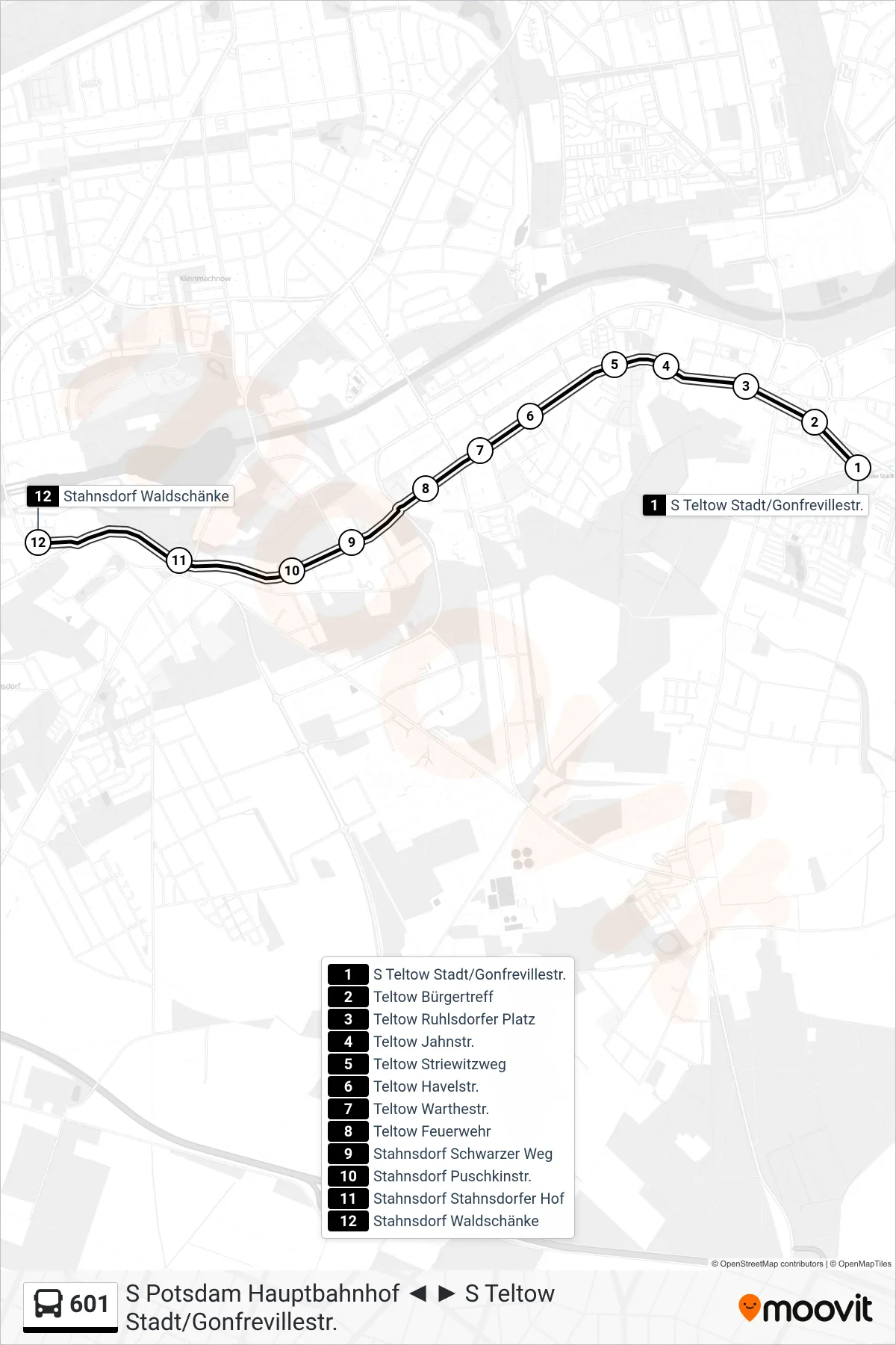 Linie 601 (Bus) Richtung Stahnsdorf Waldschänke: Route und Haltestellen auf der Karte