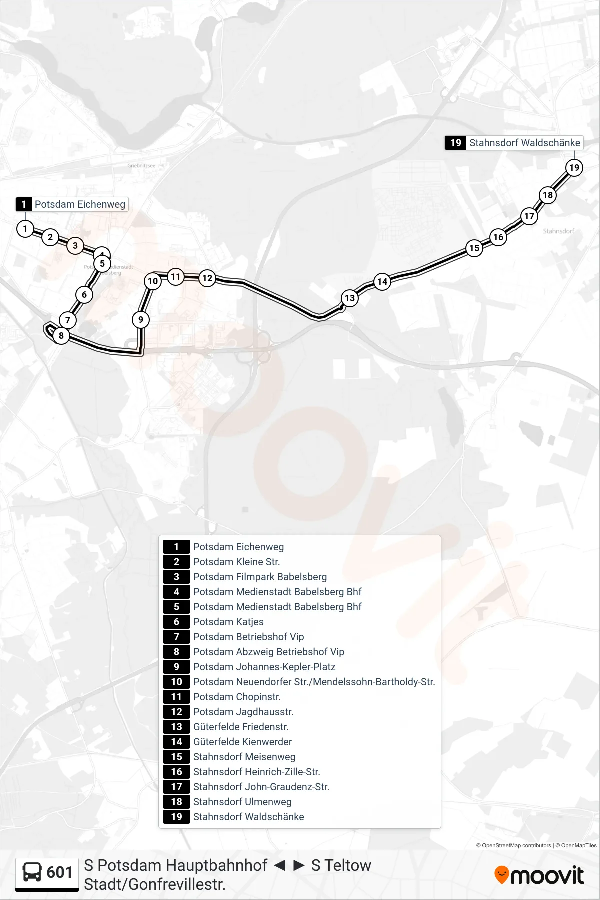 Linie 601 (Bus) Richtung Stahnsdorf Waldschänke: Route und Haltestellen auf der Karte