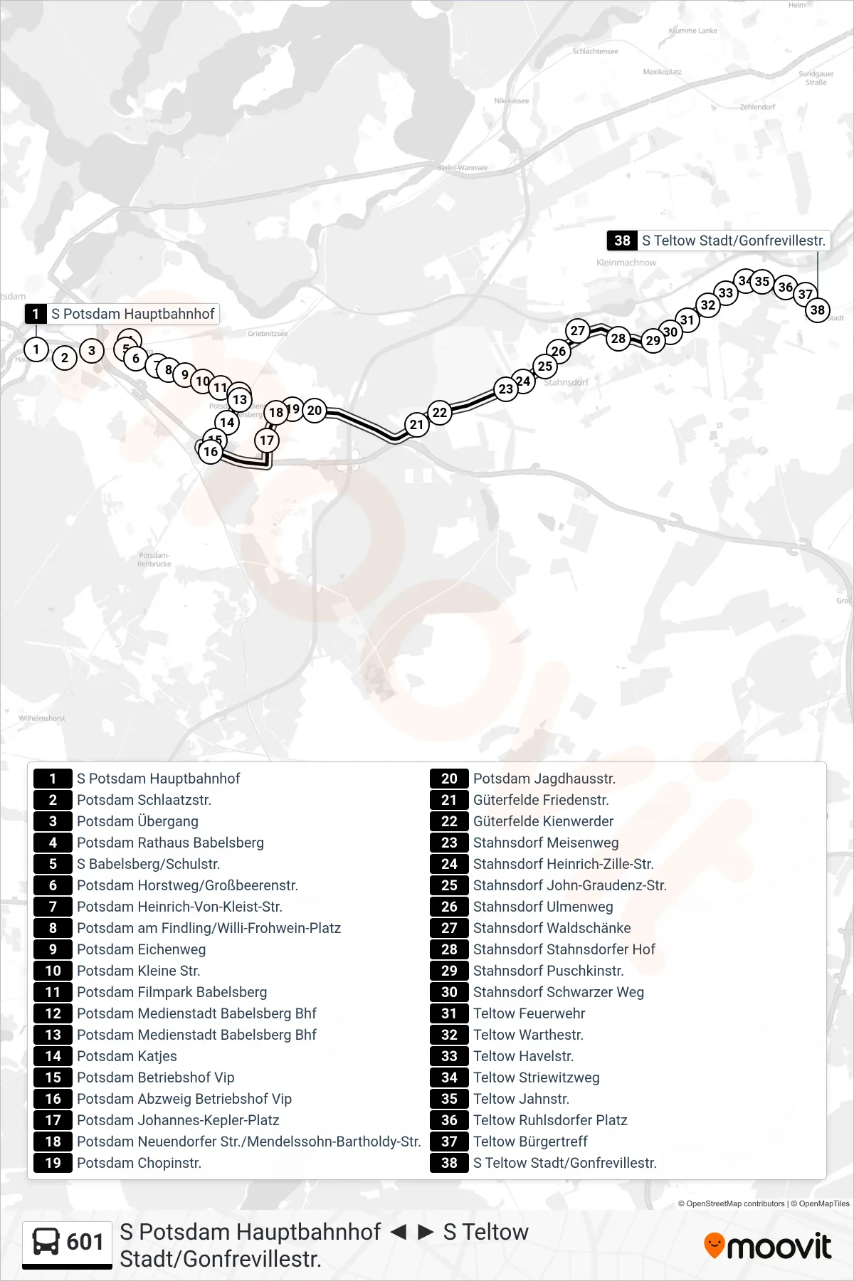 601 bus Line (S Teltow Stadt/Gonfrevillestr.) route and stops on a map