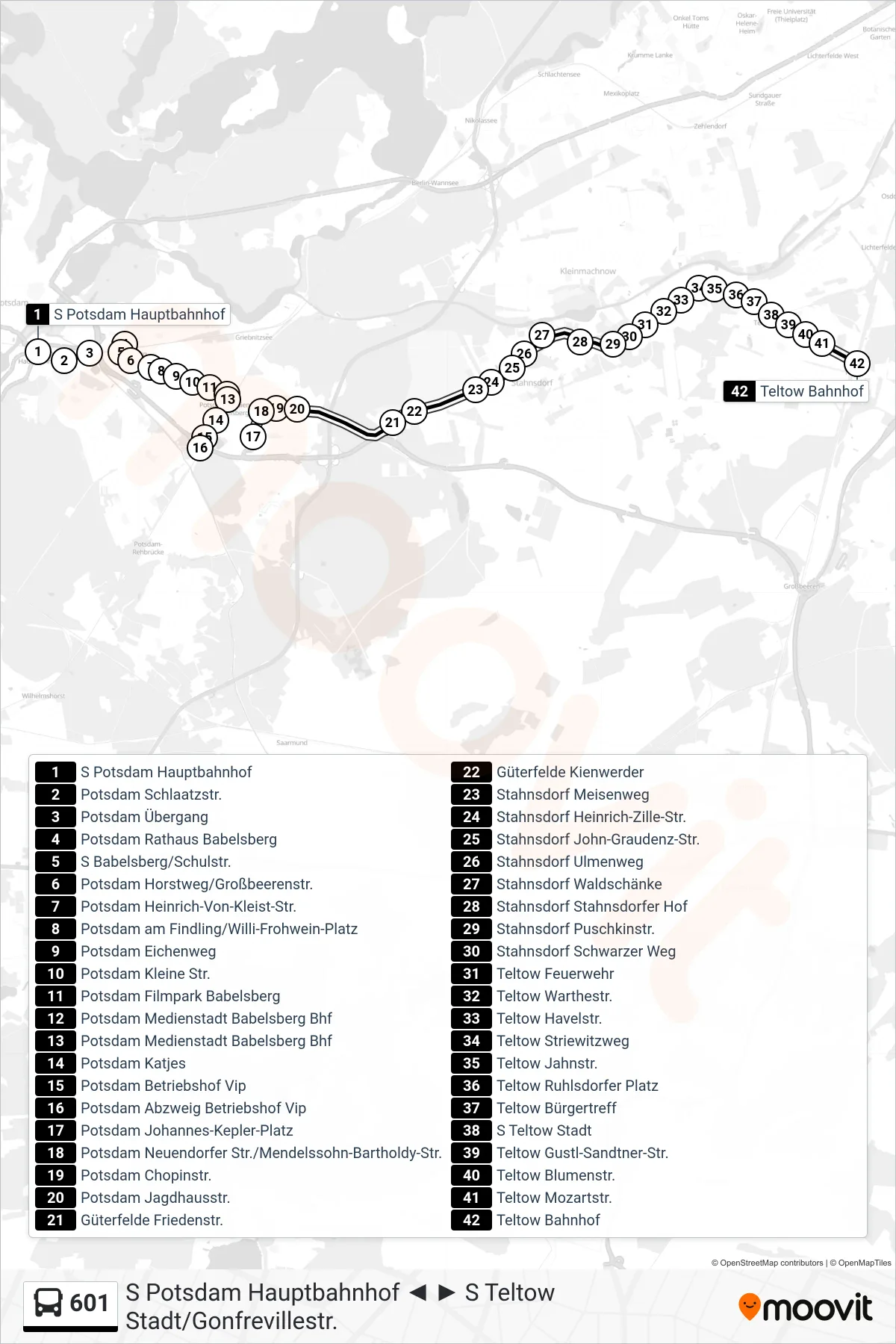 Linie 601 (Bus) Richtung Teltow Bahnhof: Route und Haltestellen auf der Karte