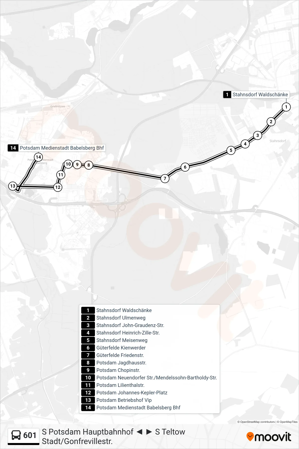 Linie 601 (Bus) Richtung Potsdam Medienstadt Babelsberg Bhf: Route und Haltestellen auf der Karte