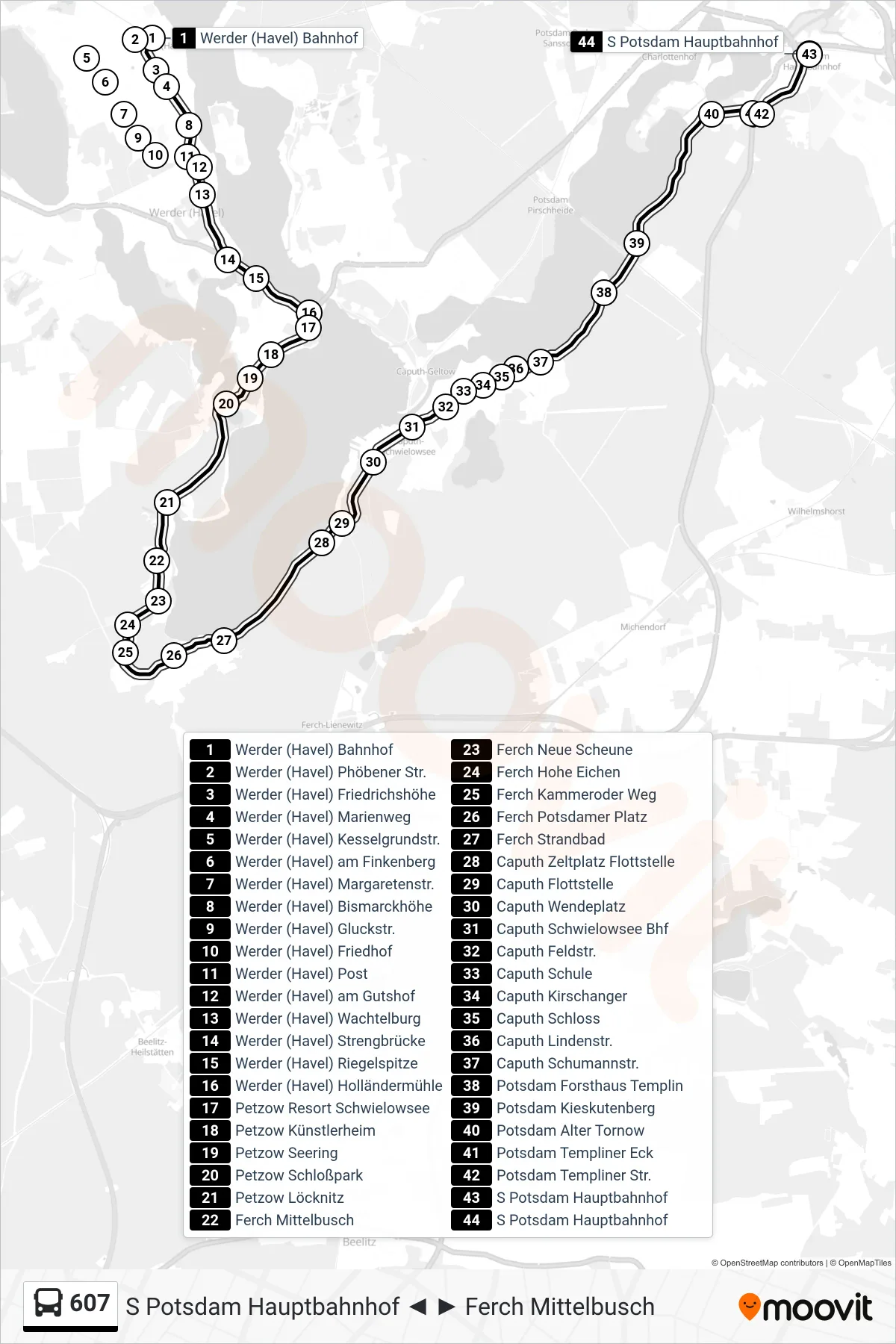 Linie 607 (Bus) Richtung S Potsdam Hauptbahnhof: Route und Haltestellen auf der Karte