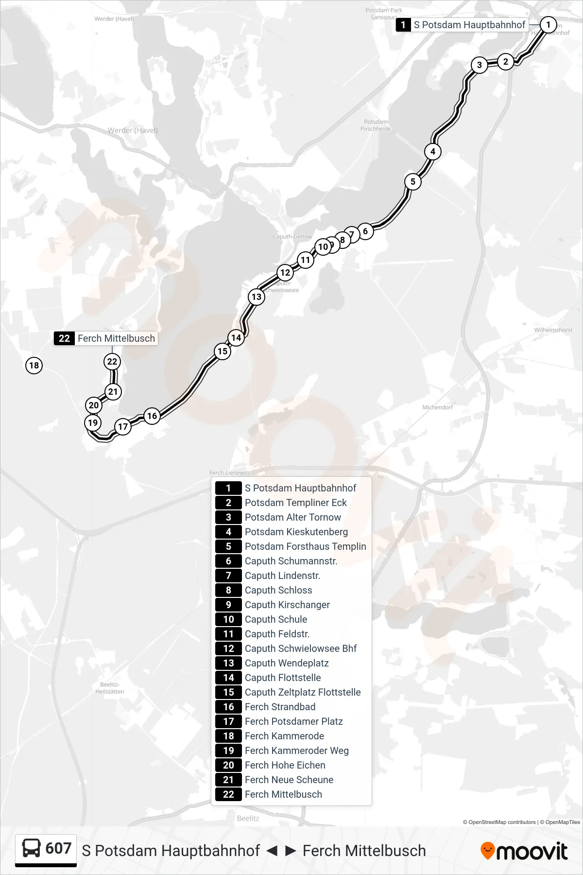Linie 607 (Bus) Richtung Ferch Mittelbusch: Route und Haltestellen auf der Karte