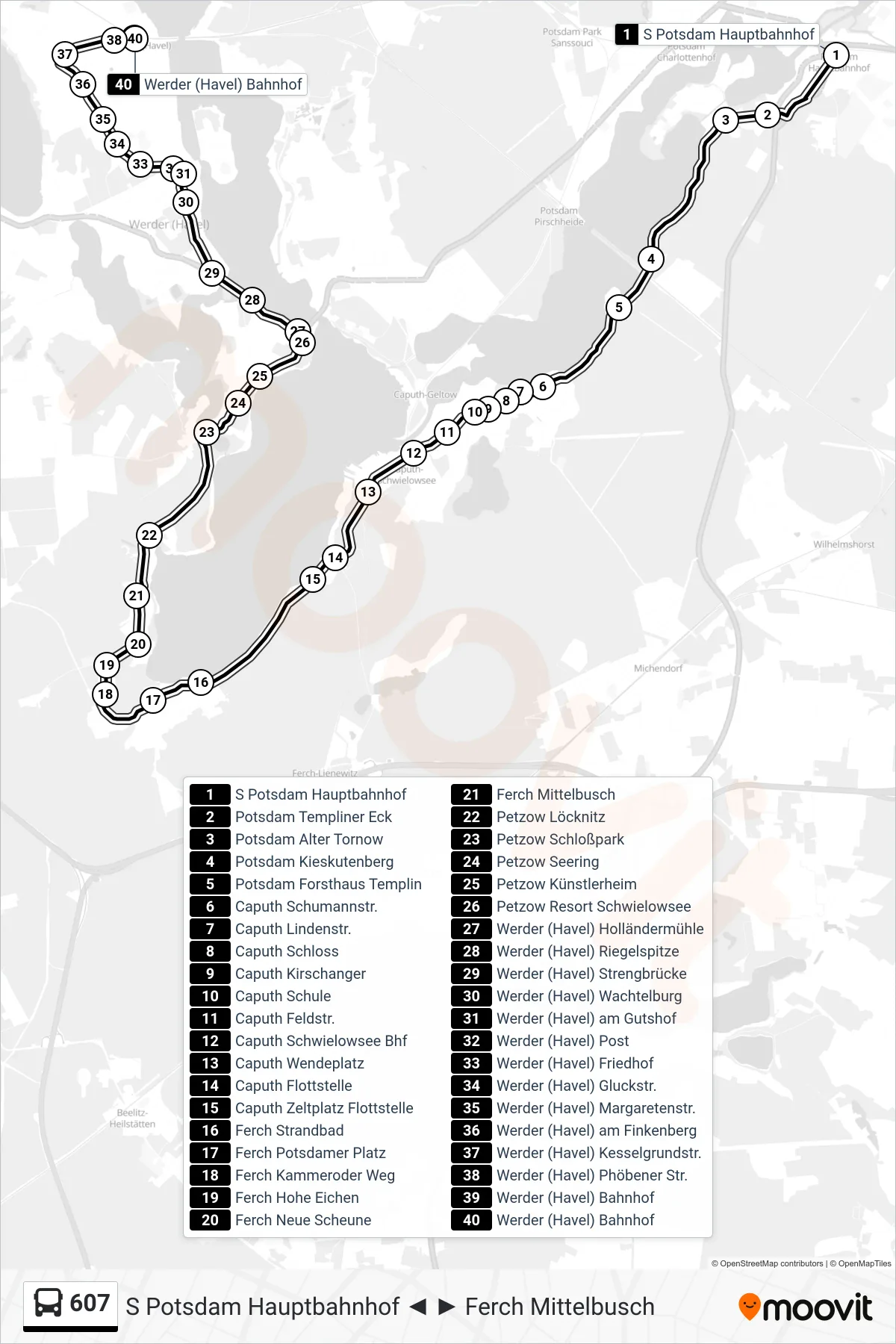 Linie 607 (Bus) Richtung Werder (Havel) Bahnhof: Route und Haltestellen auf der Karte