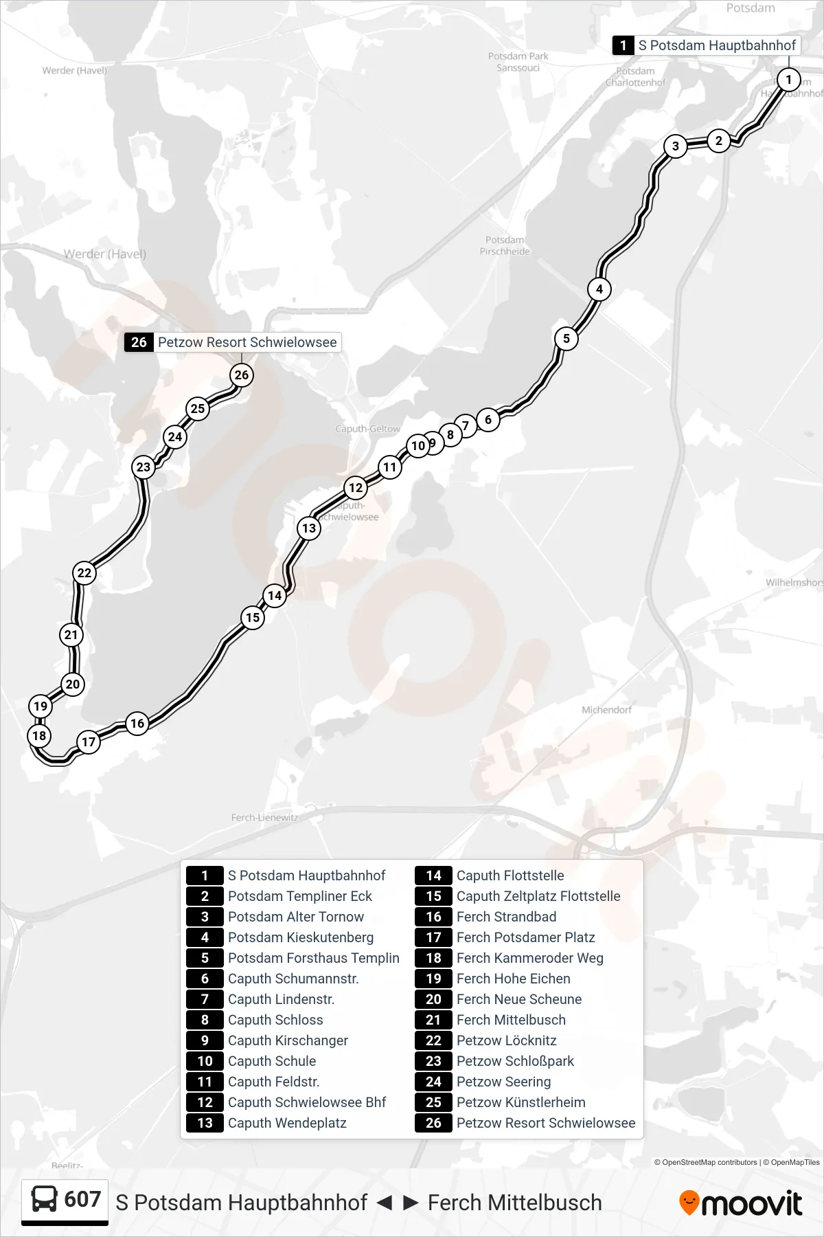 Linie 607 (Bus) Richtung Petzow Resort Schwielowsee: Route und Haltestellen auf der Karte