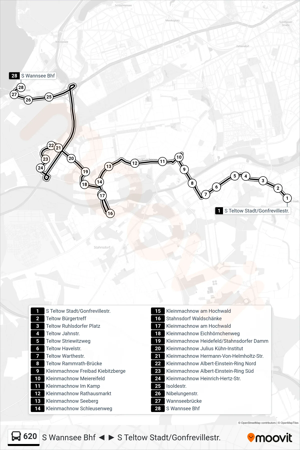 Linie 620 (Bus) Richtung S Wannsee Bhf: Route und Haltestellen auf der Karte