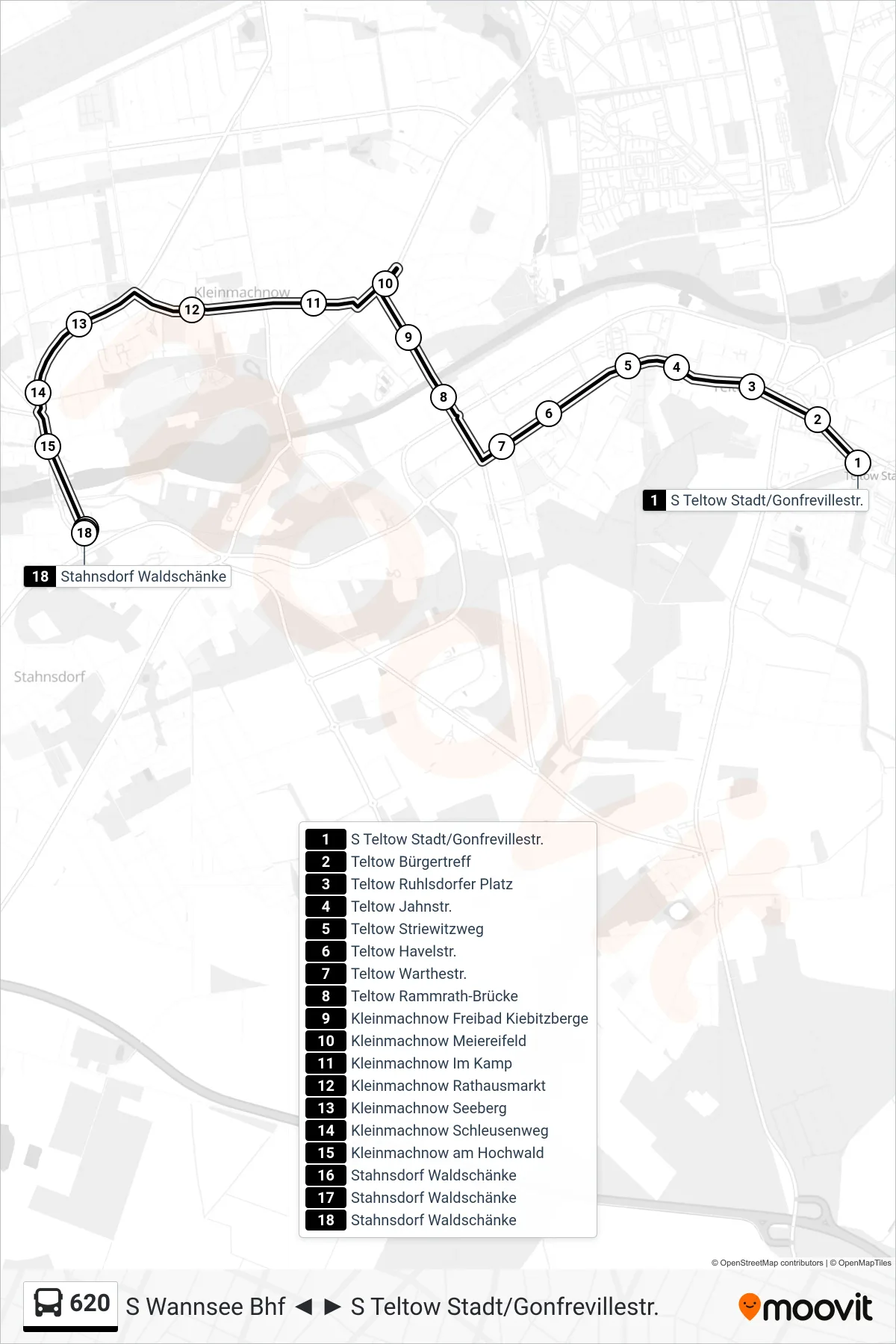 Linie 620 (Bus) Richtung Stahnsdorf Waldschänke: Route und Haltestellen auf der Karte