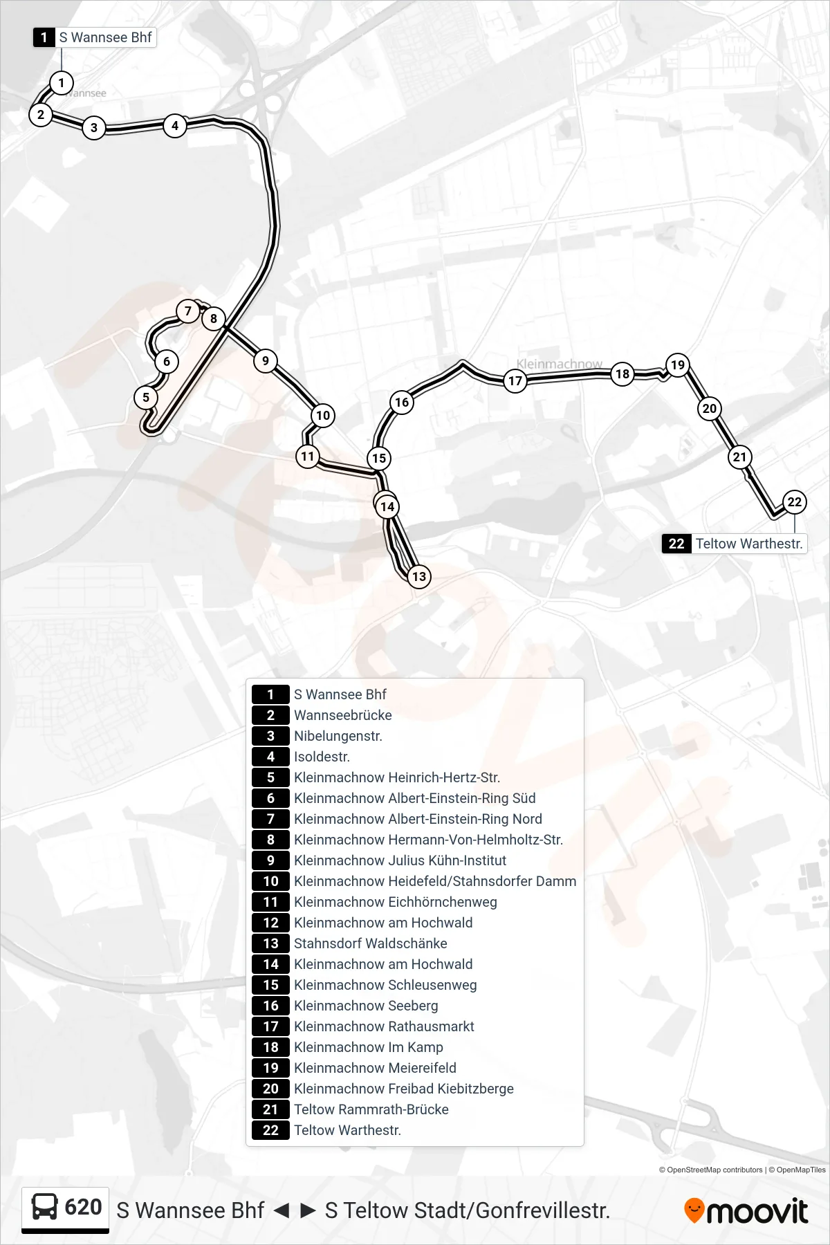 Linie 620 (Bus) Richtung Teltow Warthestr.: Route und Haltestellen auf der Karte
