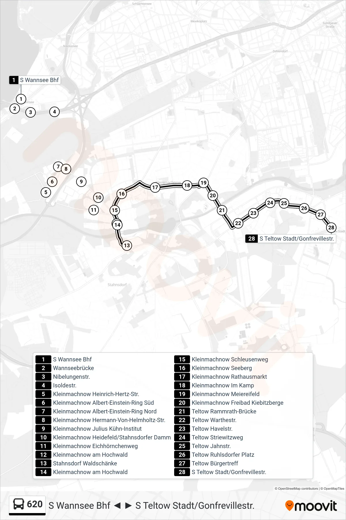 Linie 620 (Bus) Richtung S Teltow Stadt/Gonfrevillestr.: Route und Haltestellen auf der Karte
