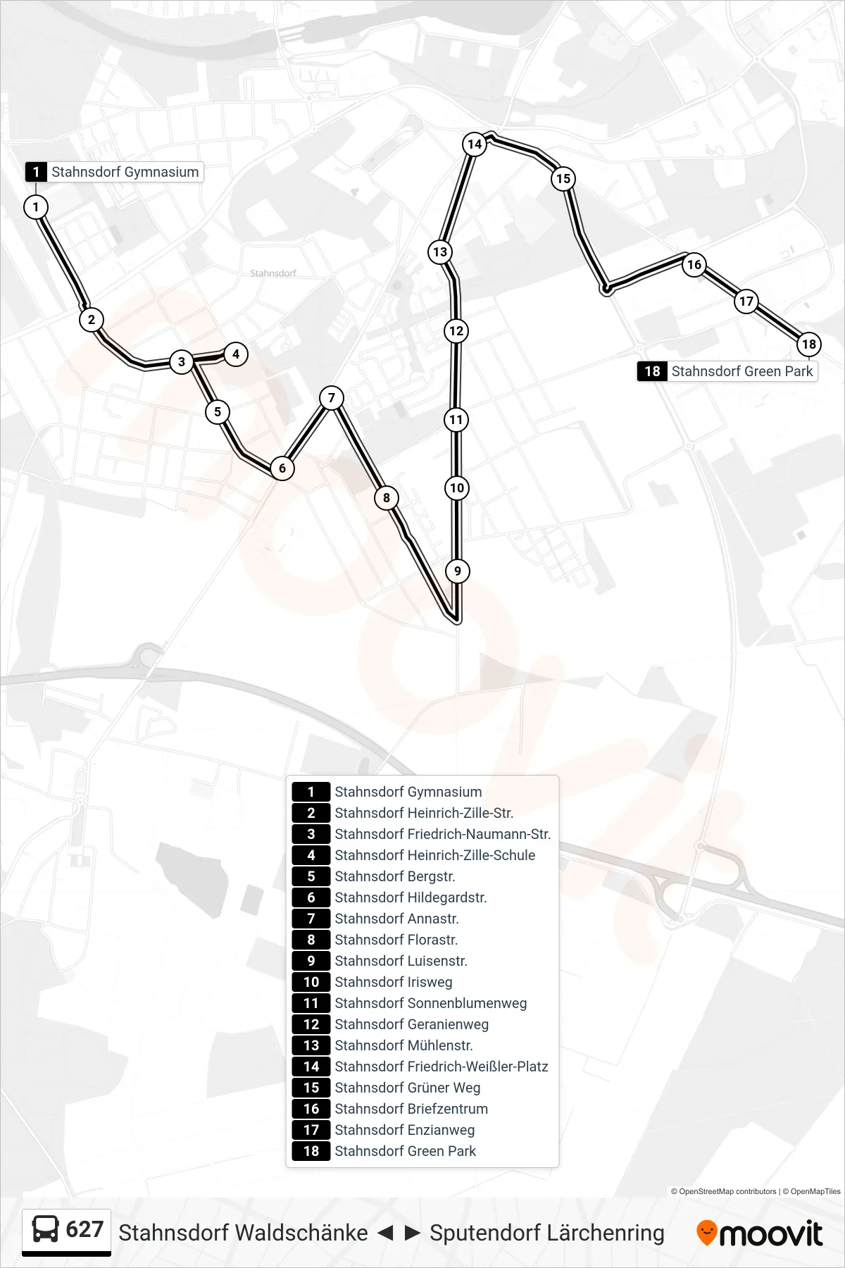 Linie 627 (Bus) Richtung Stahnsdorf Green Park: Route und Haltestellen auf der Karte