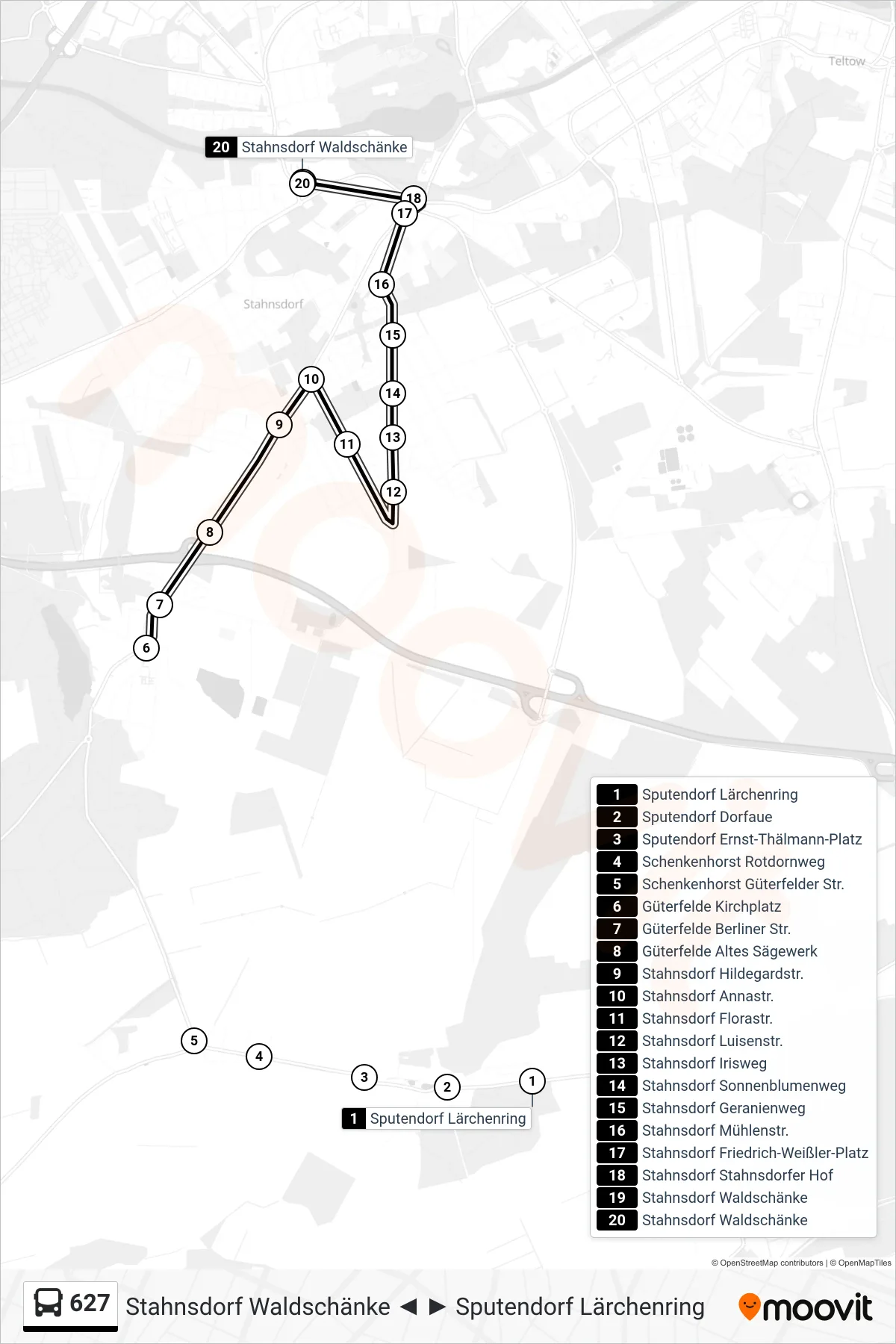 Linie 627 (Bus) Richtung Stahnsdorf Waldschänke: Route und Haltestellen auf der Karte
