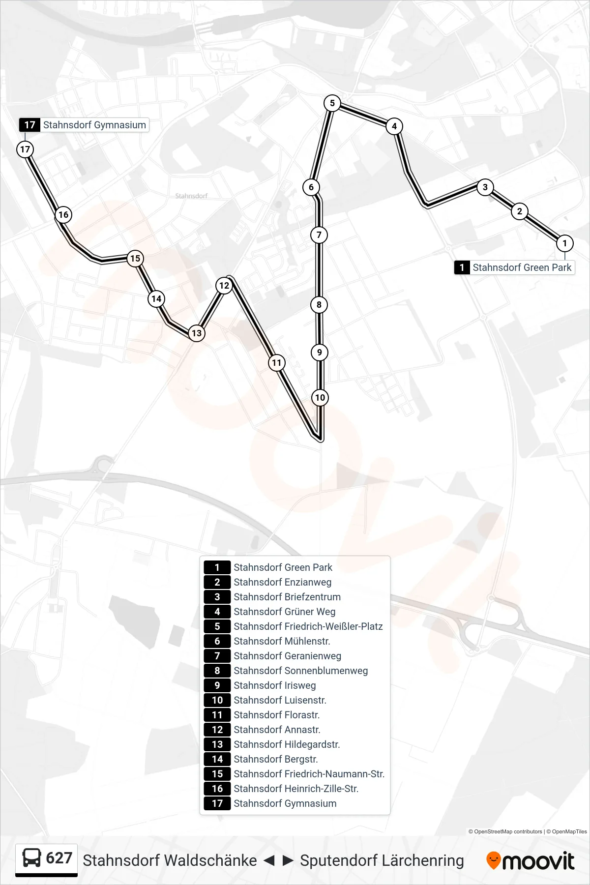 Linie 627 (Bus) Richtung Stahnsdorf Gymnasium: Route und Haltestellen auf der Karte