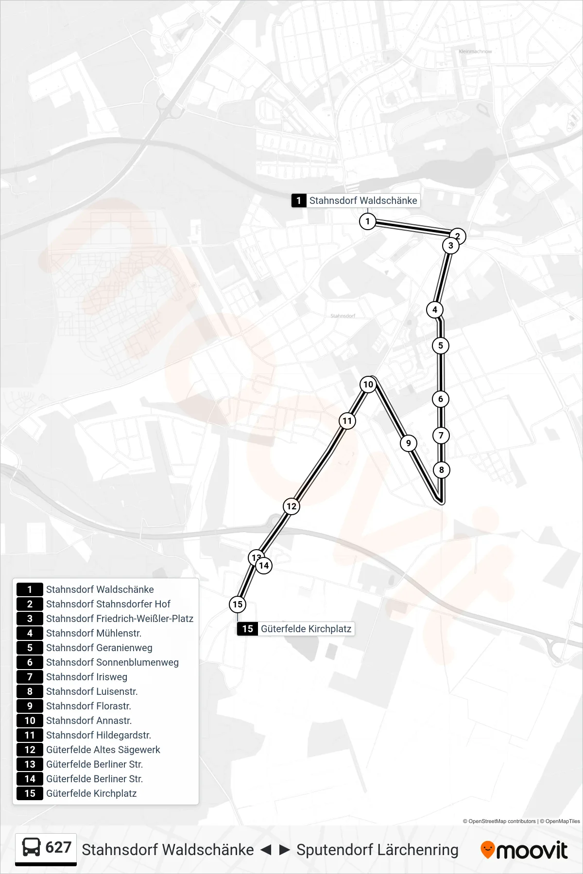 Linie 627 (Bus) Richtung Güterfelde Kirchplatz: Route und Haltestellen auf der Karte