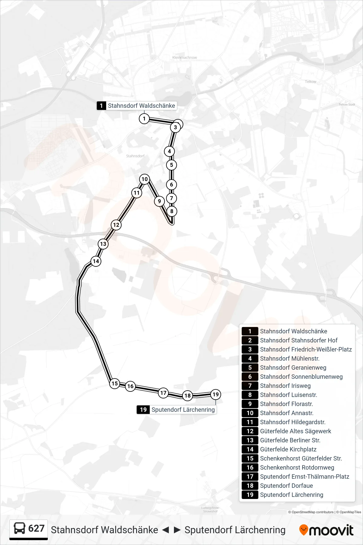 Linie 627 (Bus) Richtung Sputendorf Lärchenring: Route und Haltestellen auf der Karte