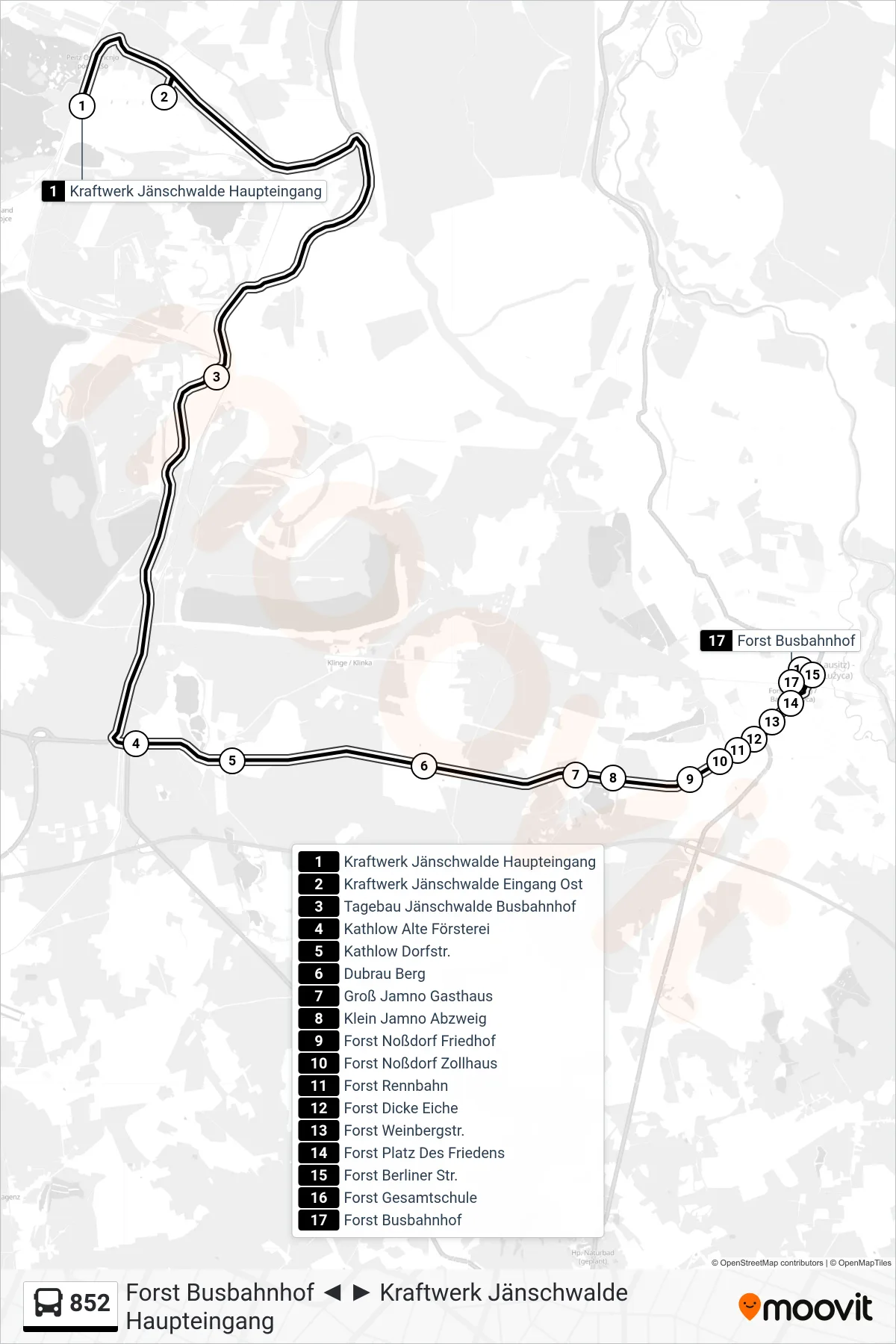 Linie 852 (Bus) Richtung Forst Busbahnhof: Route und Haltestellen auf der Karte