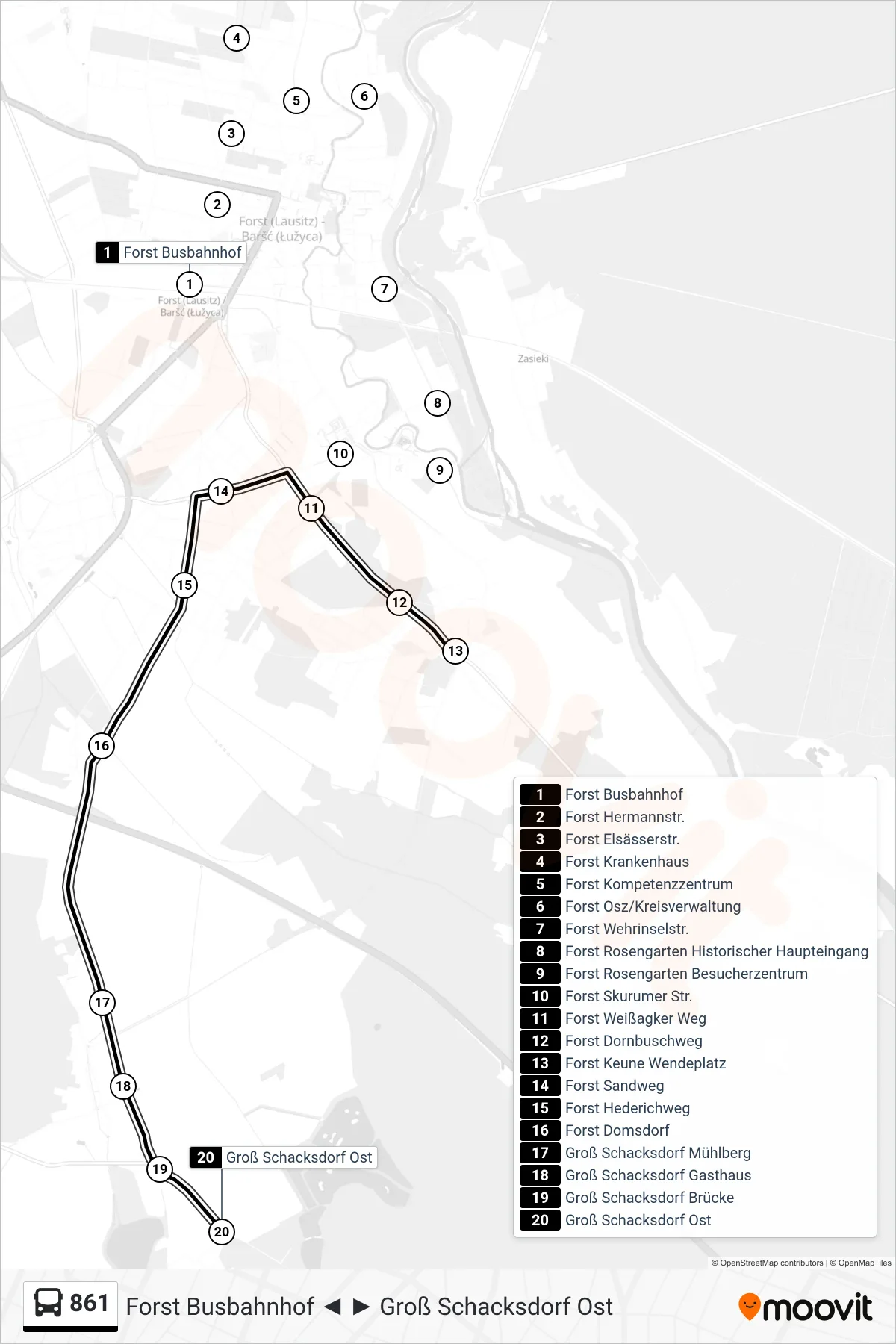 Linie 861 (Bus) Richtung Groß Schacksdorf Ost: Route und Haltestellen auf der Karte