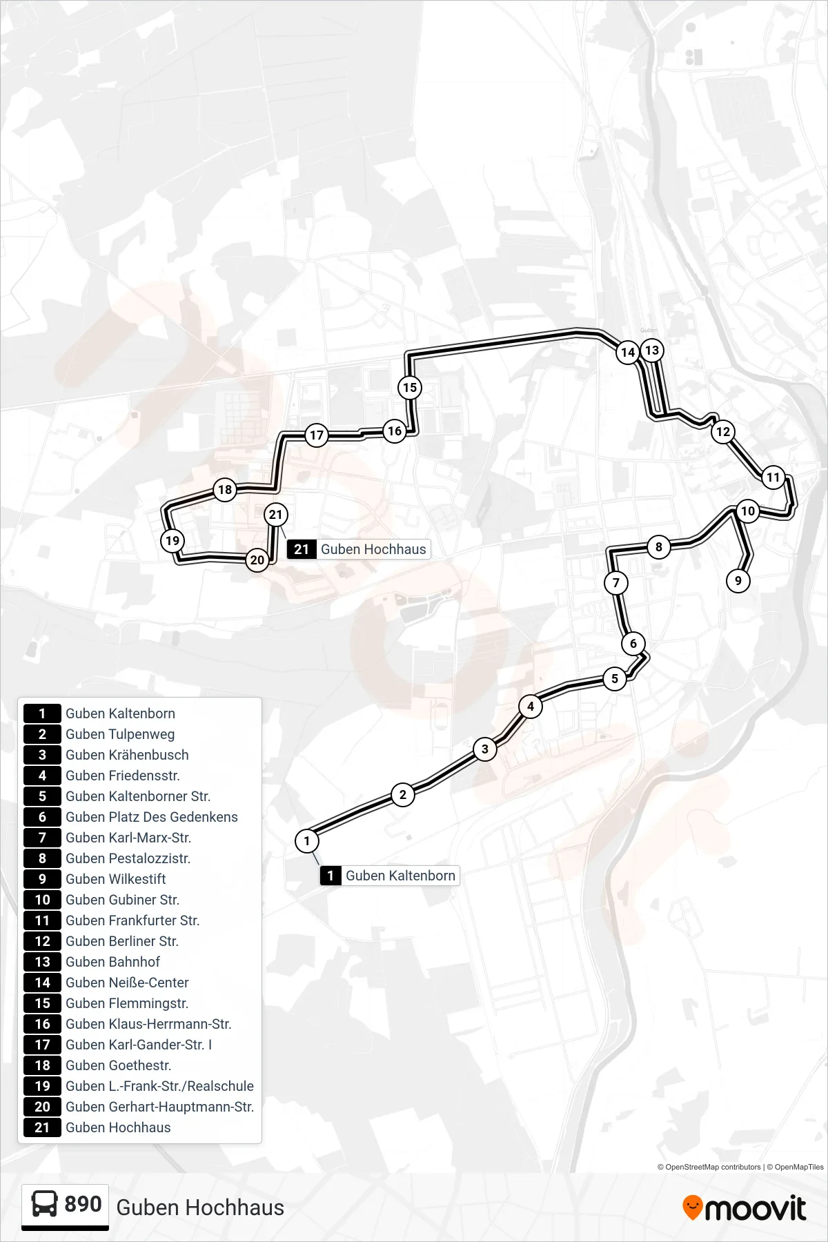 Linie 890 (Bus) Richtung Guben Hochhaus: Route und Haltestellen auf der Karte