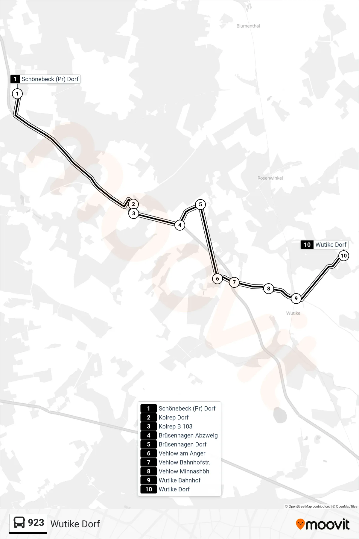 Linie 923 (Bus) Richtung Wutike Dorf: Route und Haltestellen auf der Karte