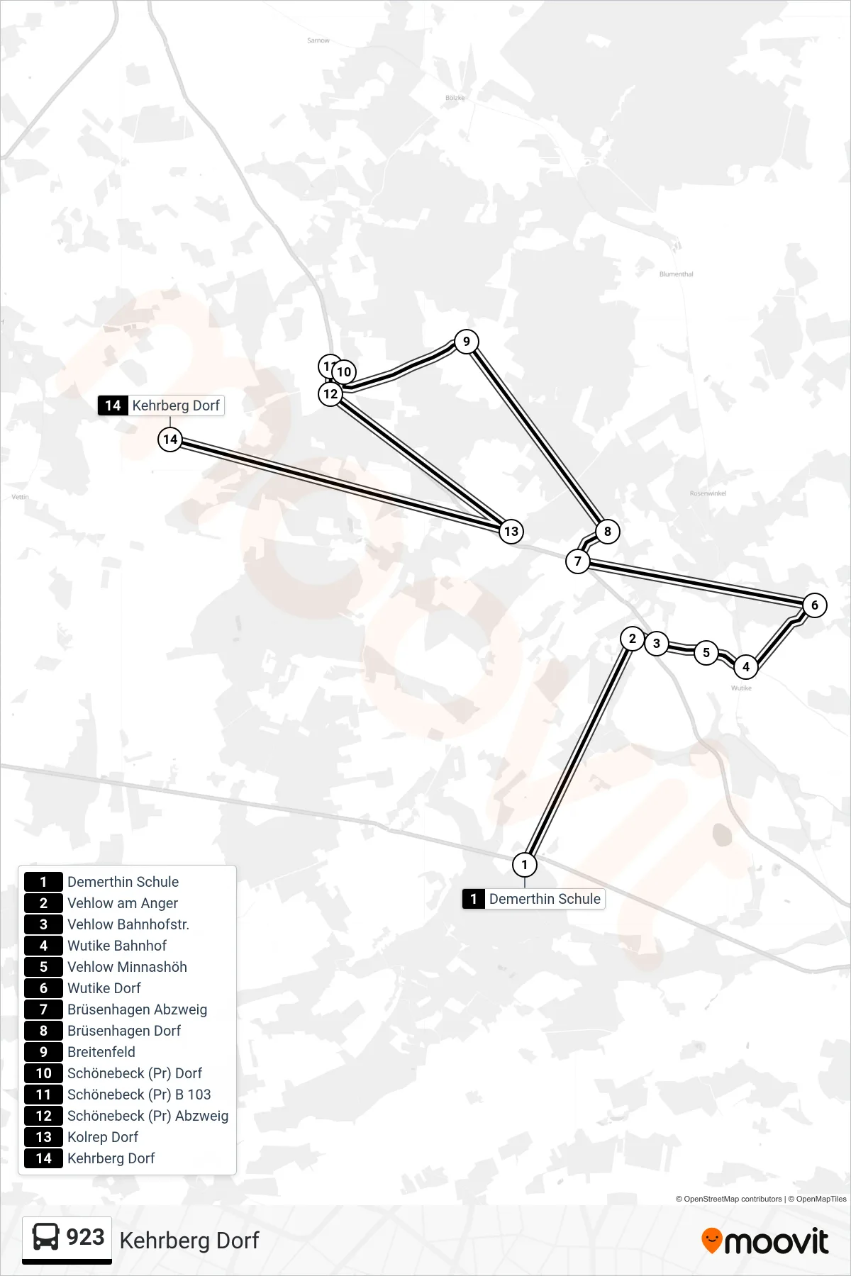 Linie 923 (Bus) Richtung Kehrberg Dorf: Route und Haltestellen auf der Karte