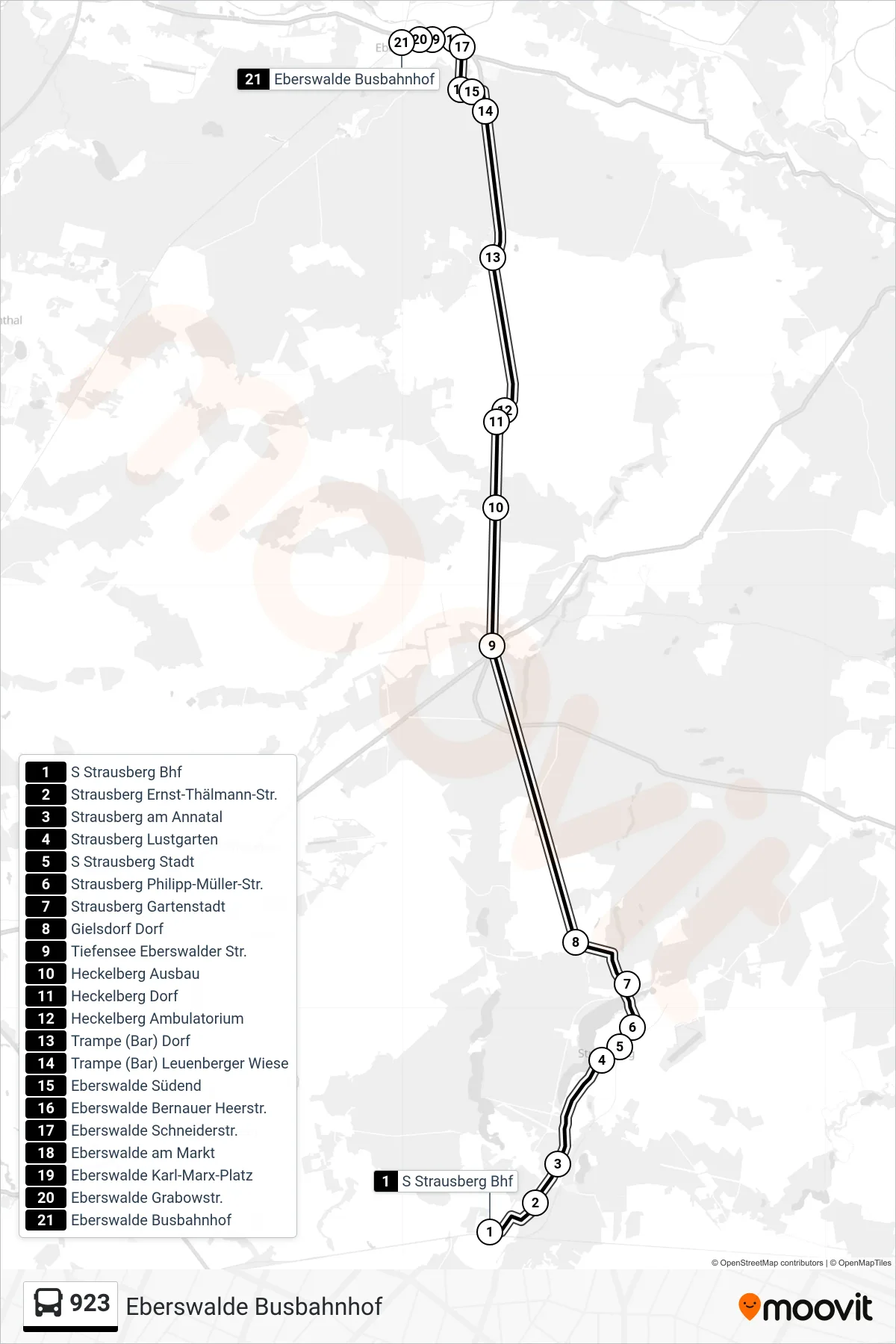 Linie 923 (Bus) Richtung Eberswalde Busbahnhof: Route und Haltestellen auf der Karte
