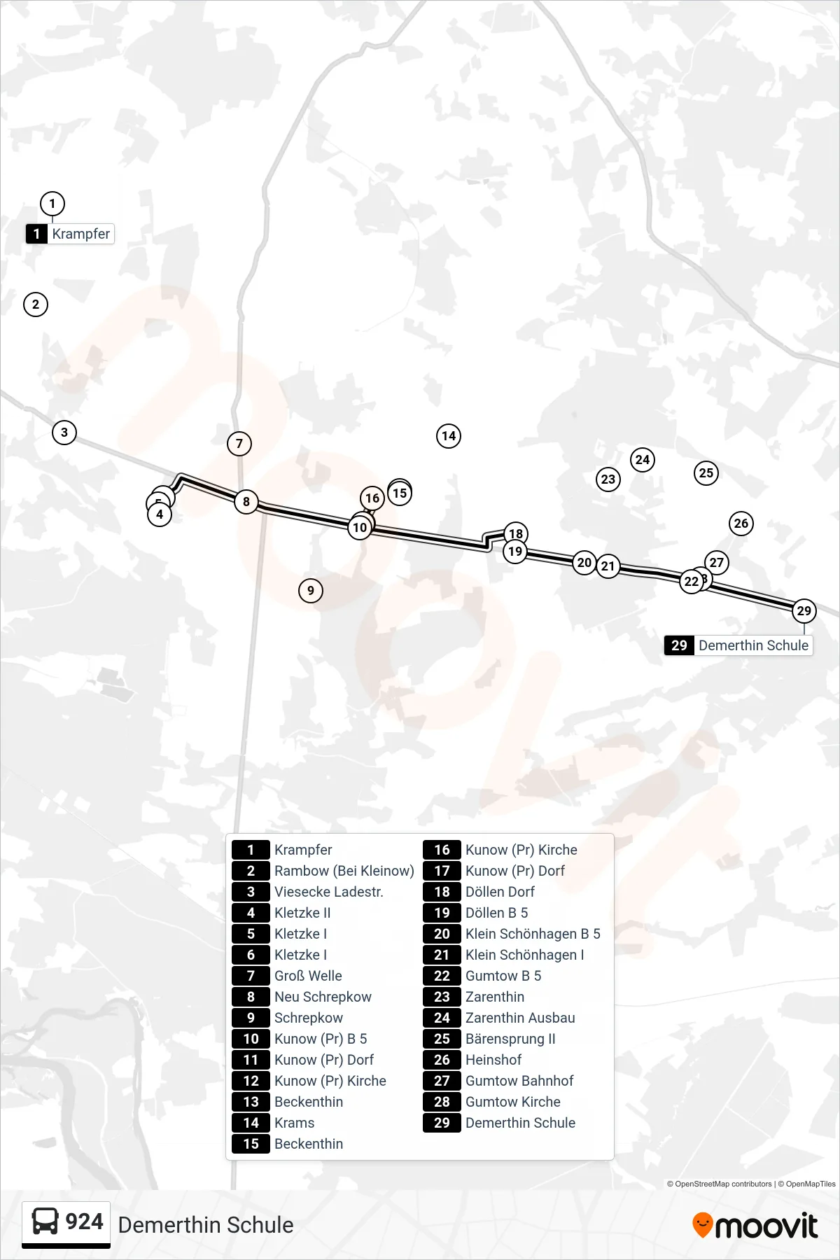 924 bus Line (Demerthin Schule) route and stops on a map
