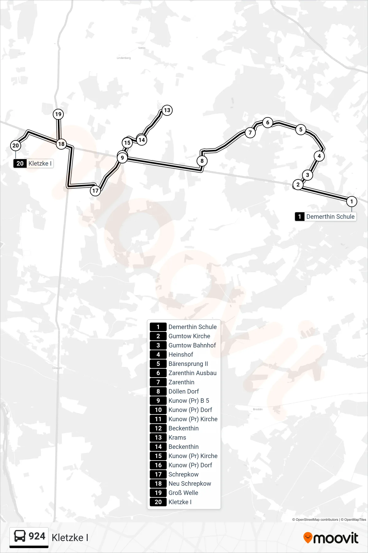 Linie 924 (Bus) Richtung Kletzke I: Route und Haltestellen auf der Karte