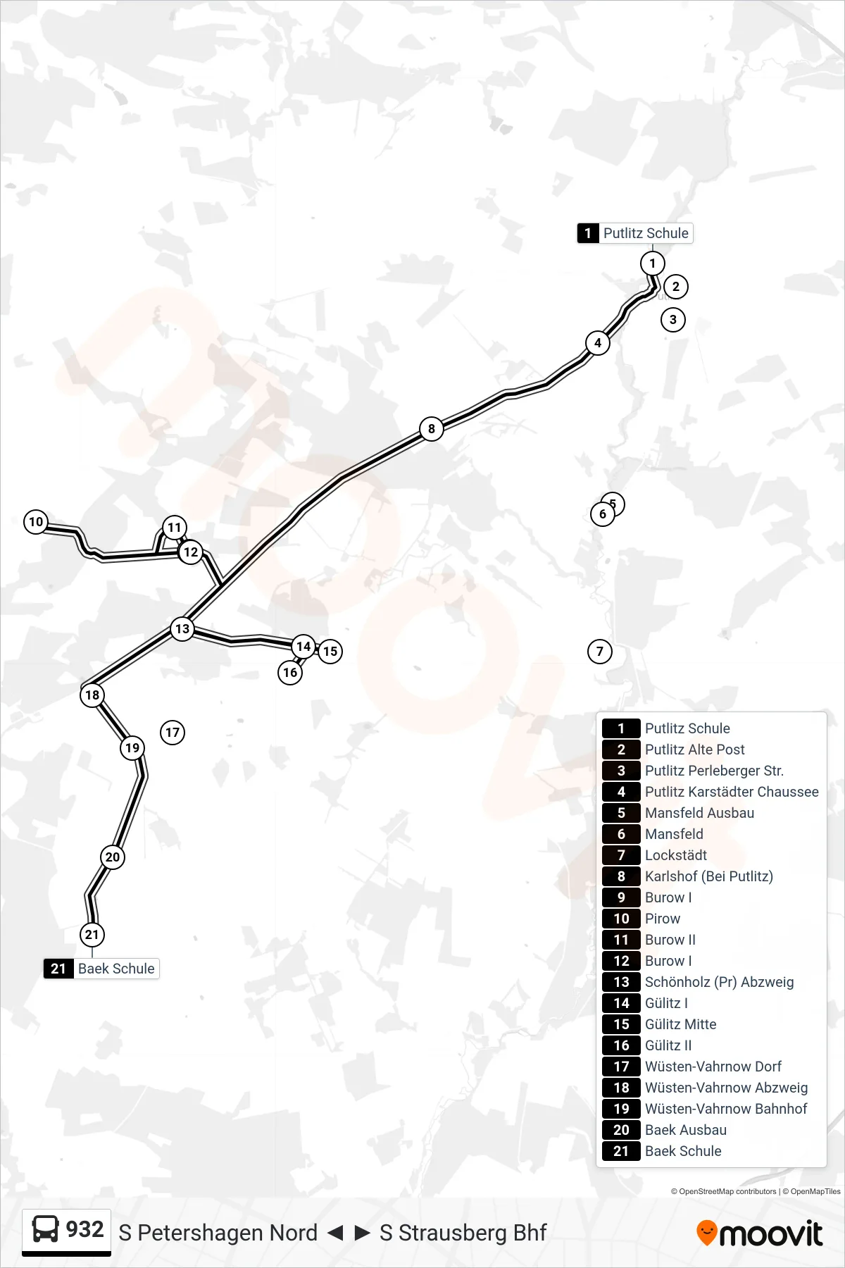 932 bus Line (Baek Schule) route and stops on a map