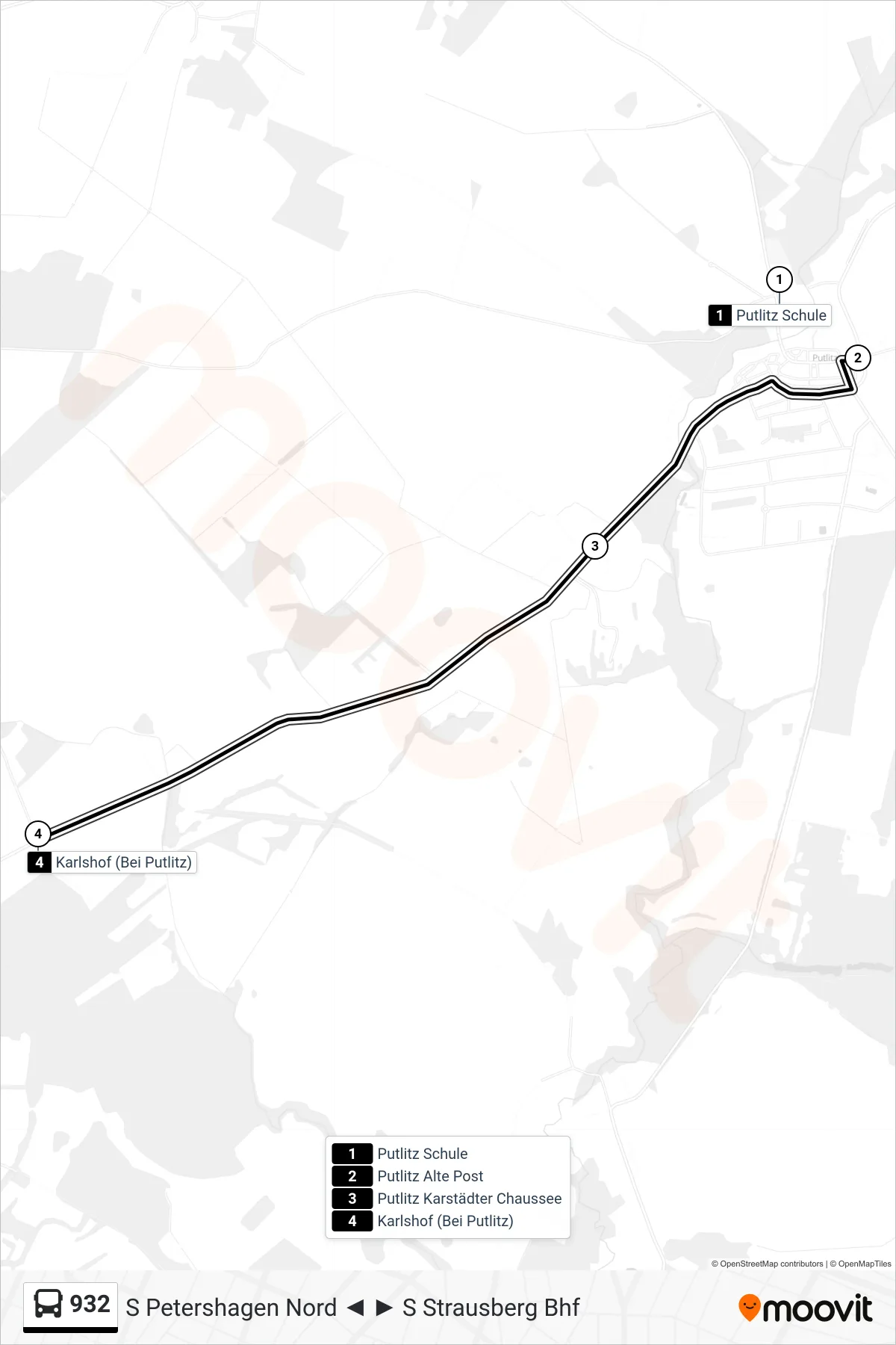 Linie 932 (Bus) Richtung Karlshof (Bei Putlitz): Route und Haltestellen auf der Karte