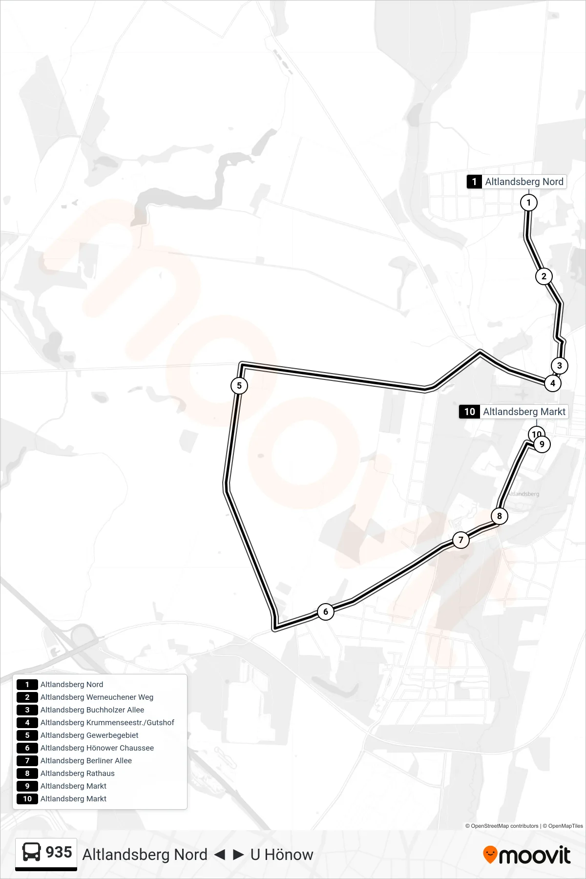 Linie 935 (Bus) Richtung Altlandsberg Markt: Route und Haltestellen auf der Karte