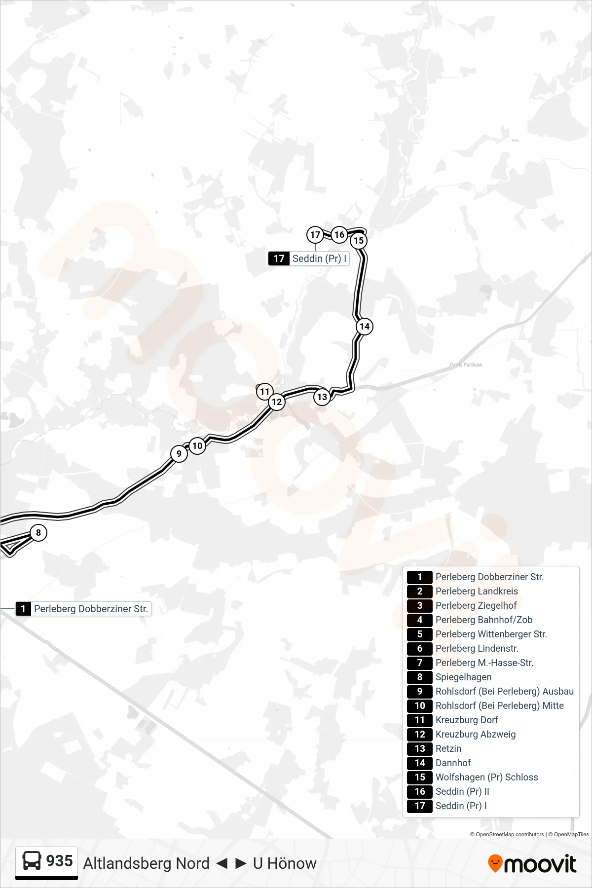 Linie 935 (Bus) Richtung Seddin (Pr) I: Route und Haltestellen auf der Karte