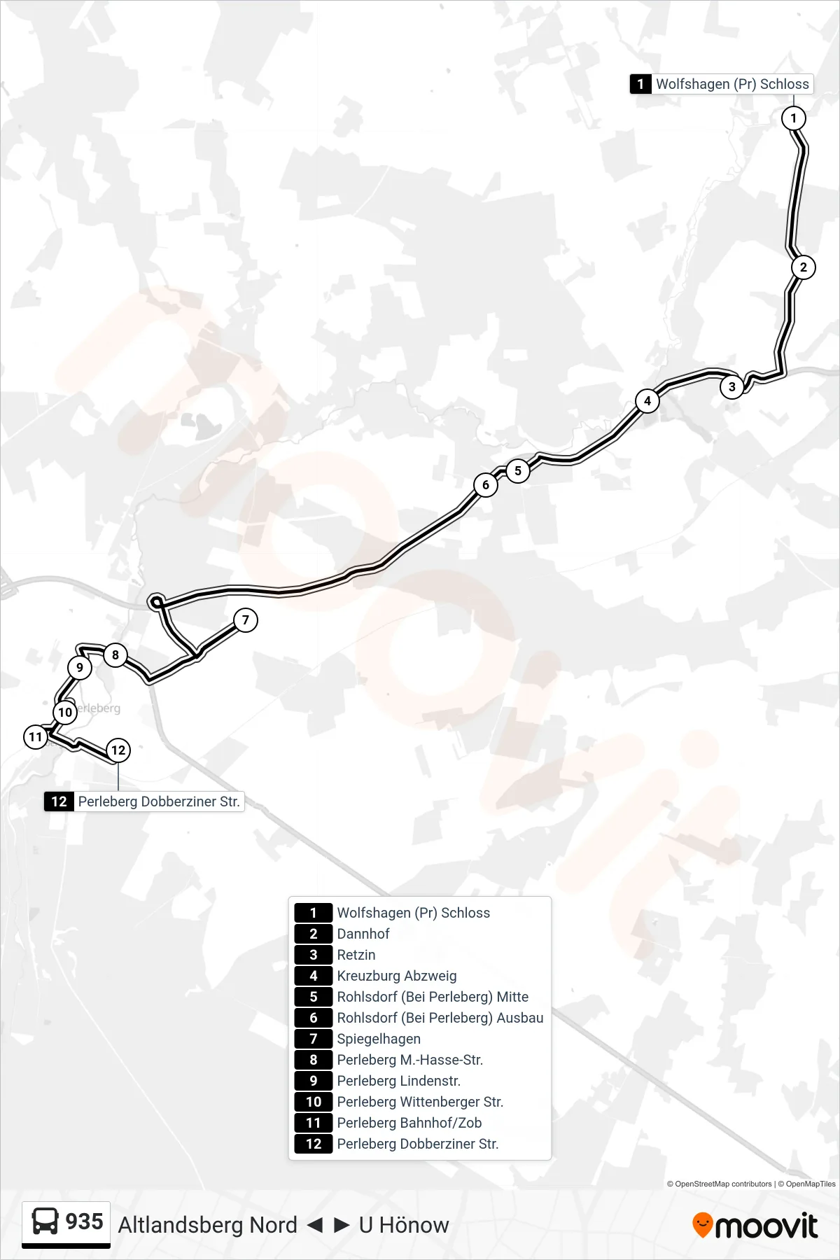Linie 935 (Bus) Richtung Perleberg Dobberziner Str.: Route und Haltestellen auf der Karte