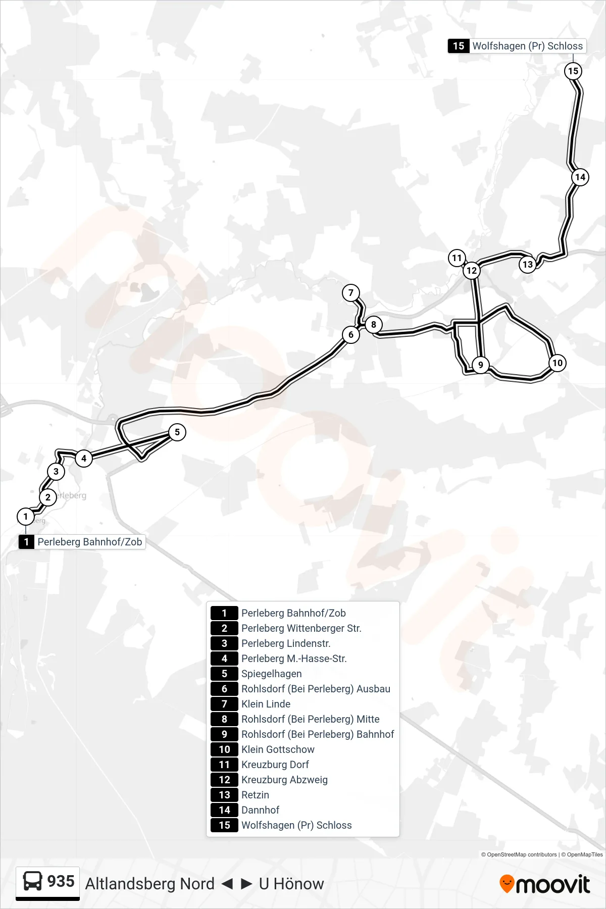 Linie 935 (Bus) Richtung Wolfshagen (Pr) Schloss: Route und Haltestellen auf der Karte
