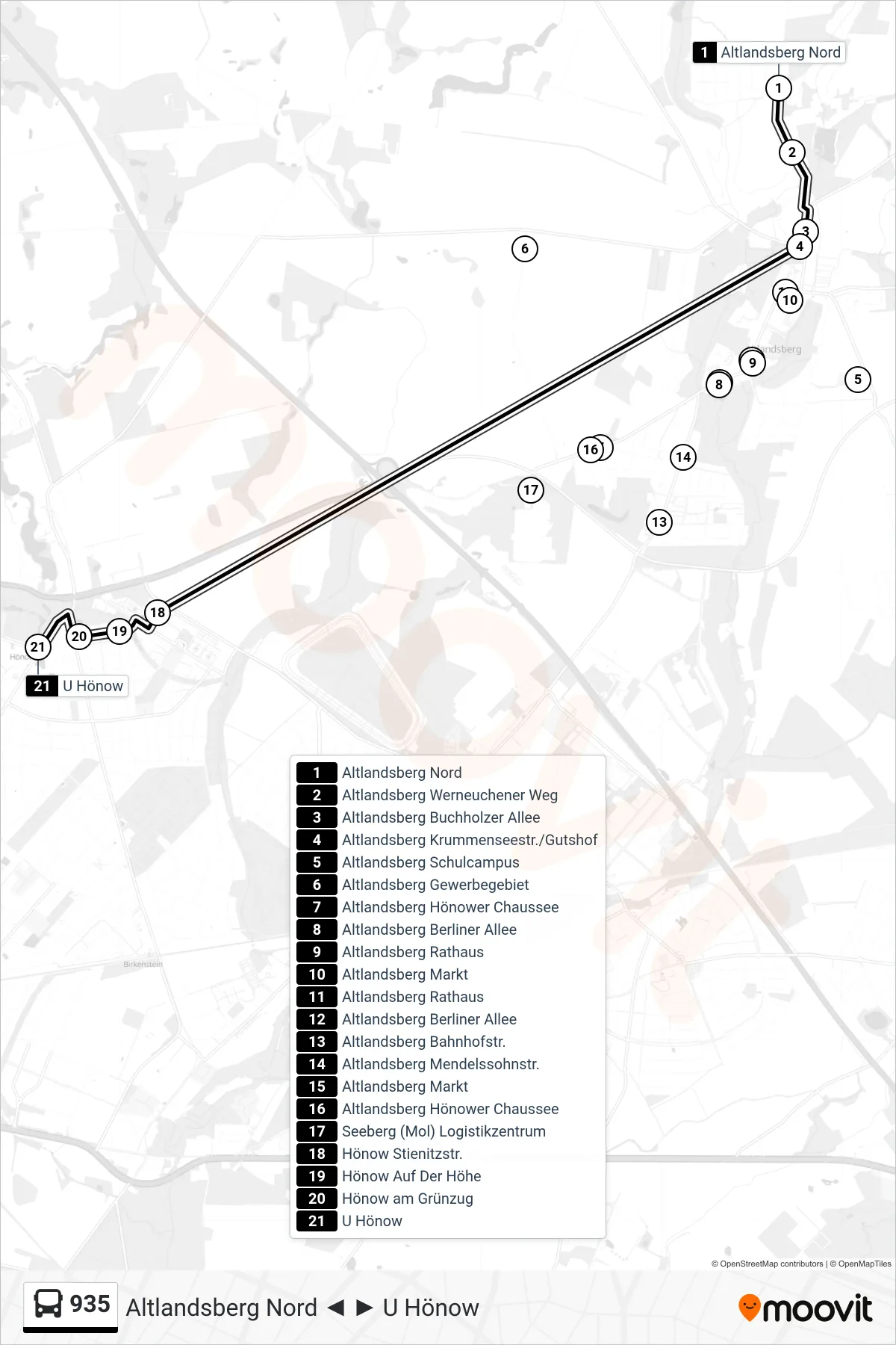 Linie 935 (Bus) Richtung U Hönow: Route und Haltestellen auf der Karte