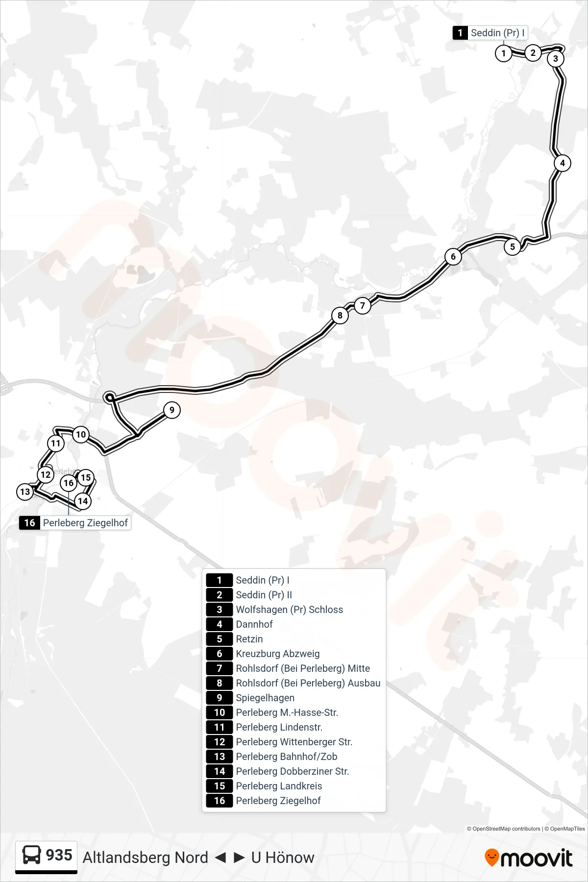 Linie 935 (Bus) Richtung Perleberg Ziegelhof: Route und Haltestellen auf der Karte