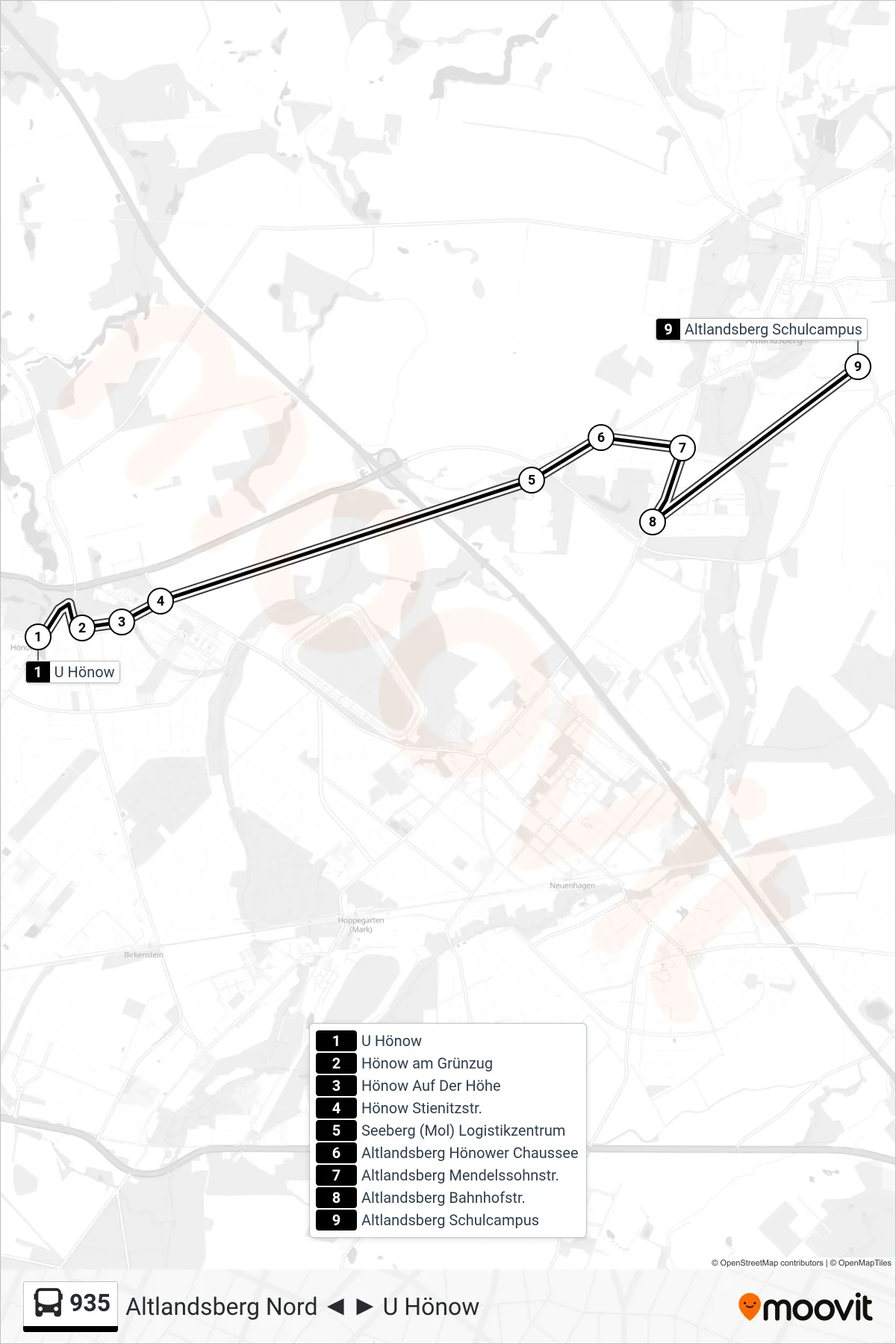 Linie 935 (Bus) Richtung Altlandsberg Schulcampus: Route und Haltestellen auf der Karte