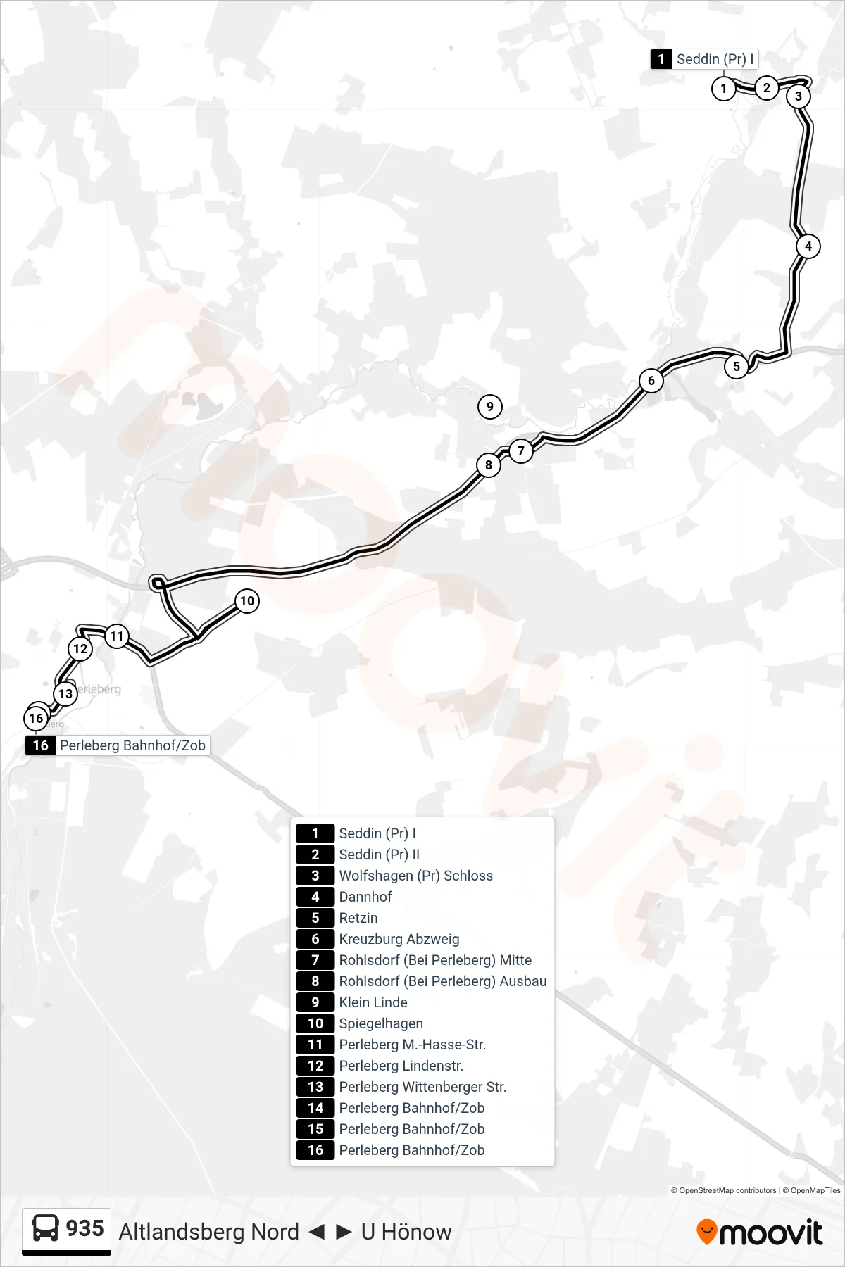 Linie 935 (Bus) Richtung Perleberg Bahnhof/Zob: Route und Haltestellen auf der Karte