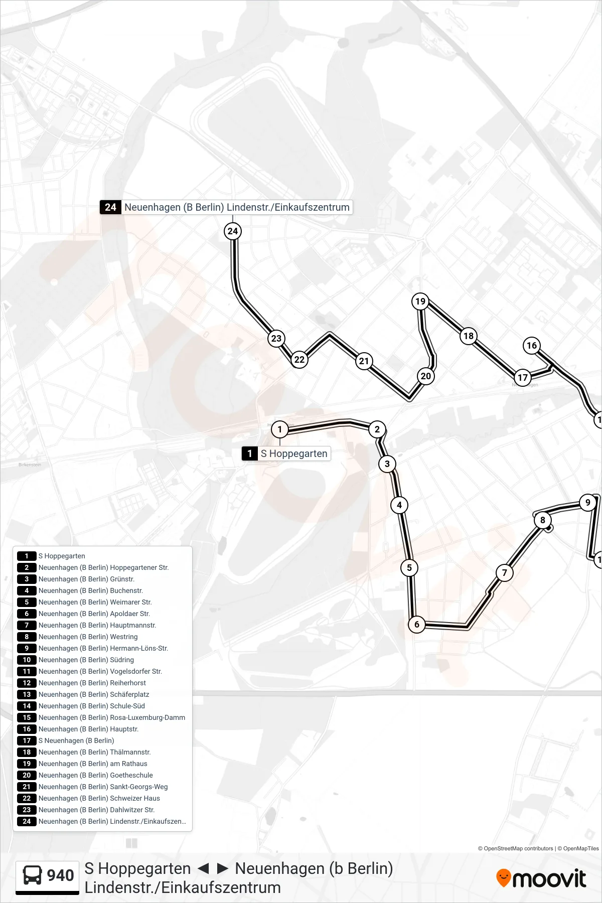 Linie 940 (Bus) Richtung Neuenhagen (B Berlin) Lindenstr./Einkaufszentrum: Route und Haltestellen auf der Karte