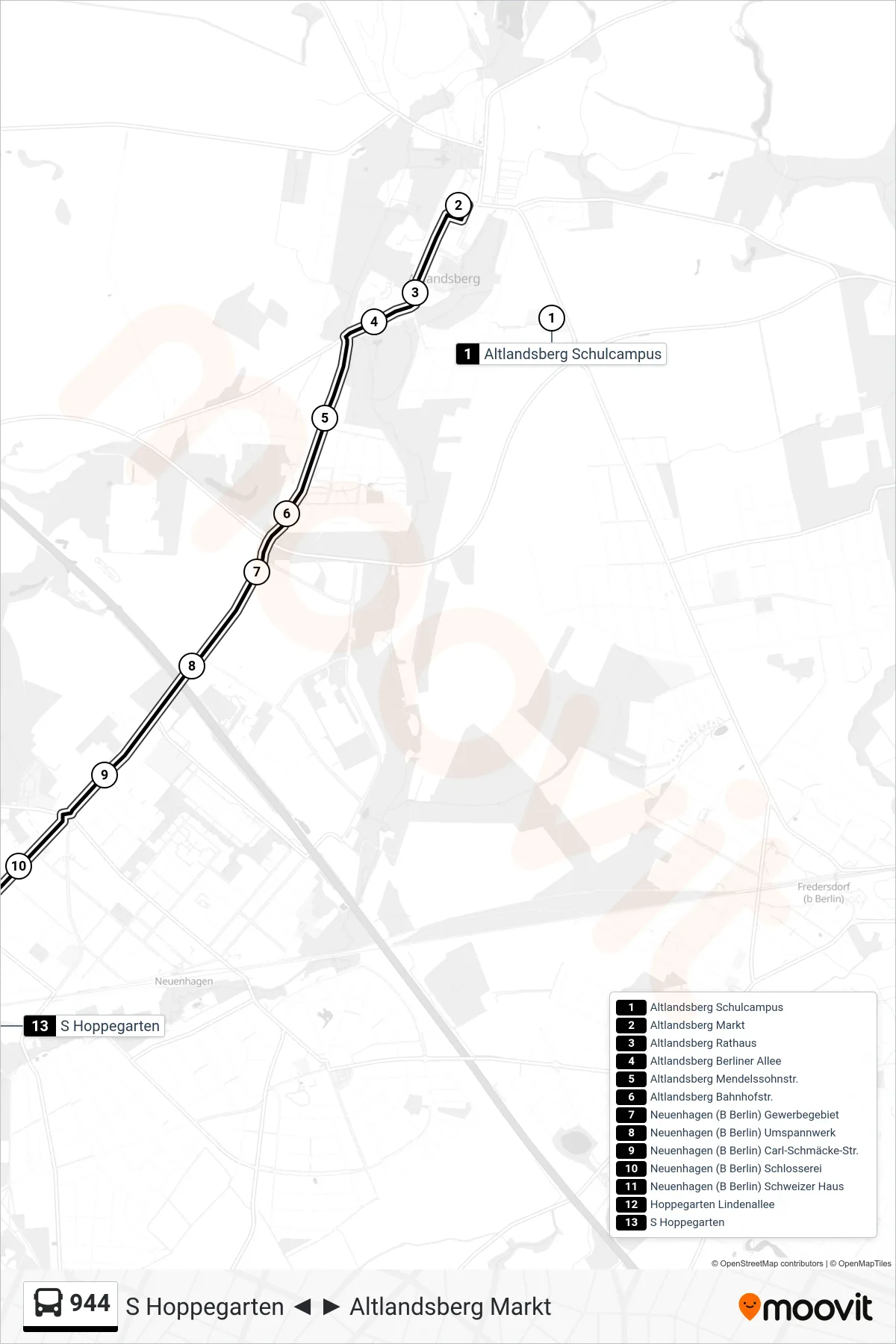 944 bus Line (S Hoppegarten) route and stops on a map
