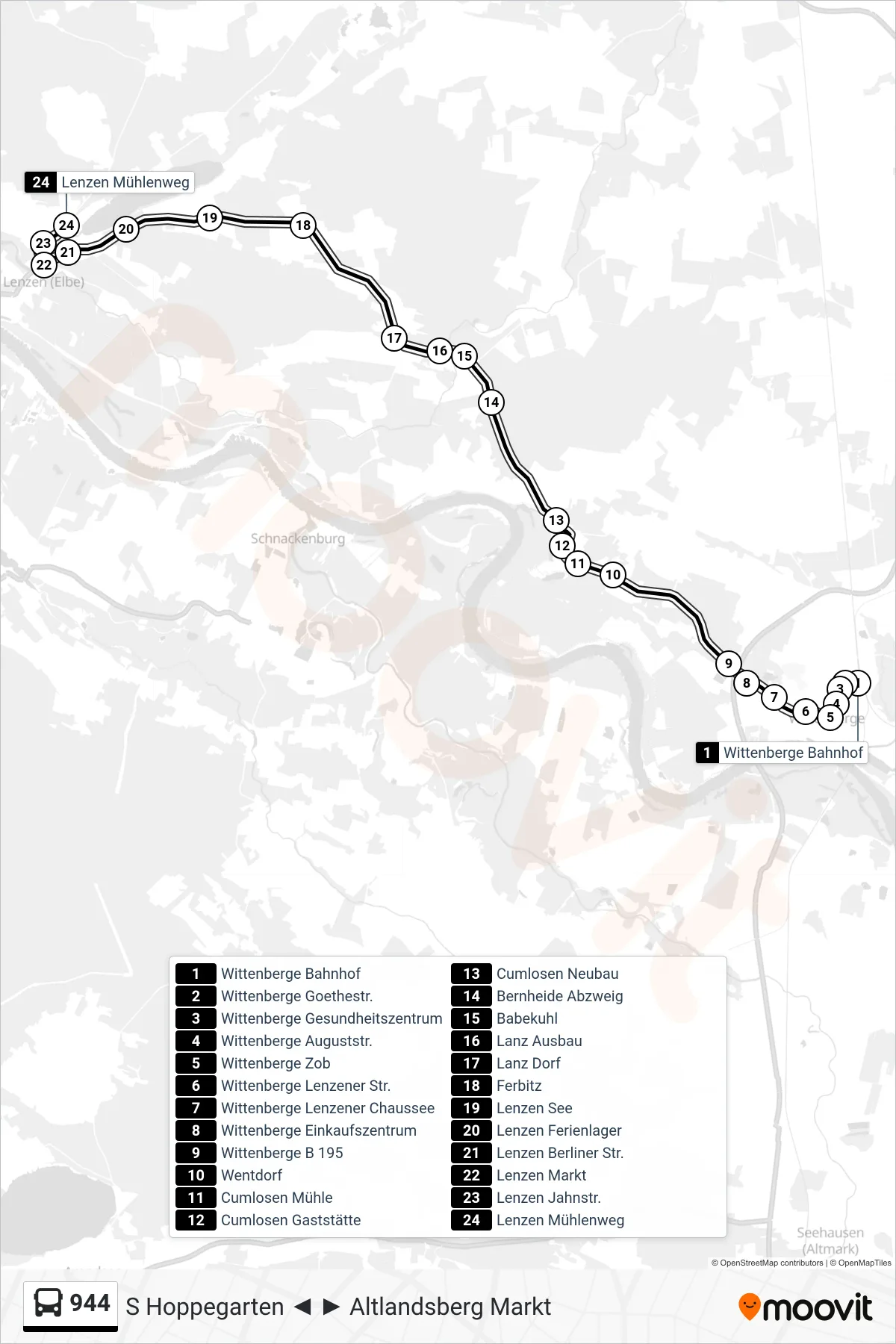 Linie 944 (Bus) Richtung Lenzen Mühlenweg: Route und Haltestellen auf der Karte