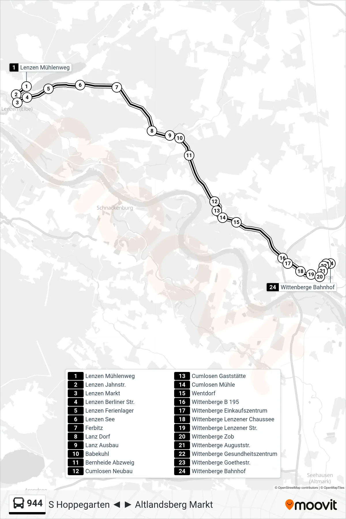 944 bus Line (Wittenberge Bahnhof) route and stops on a map
